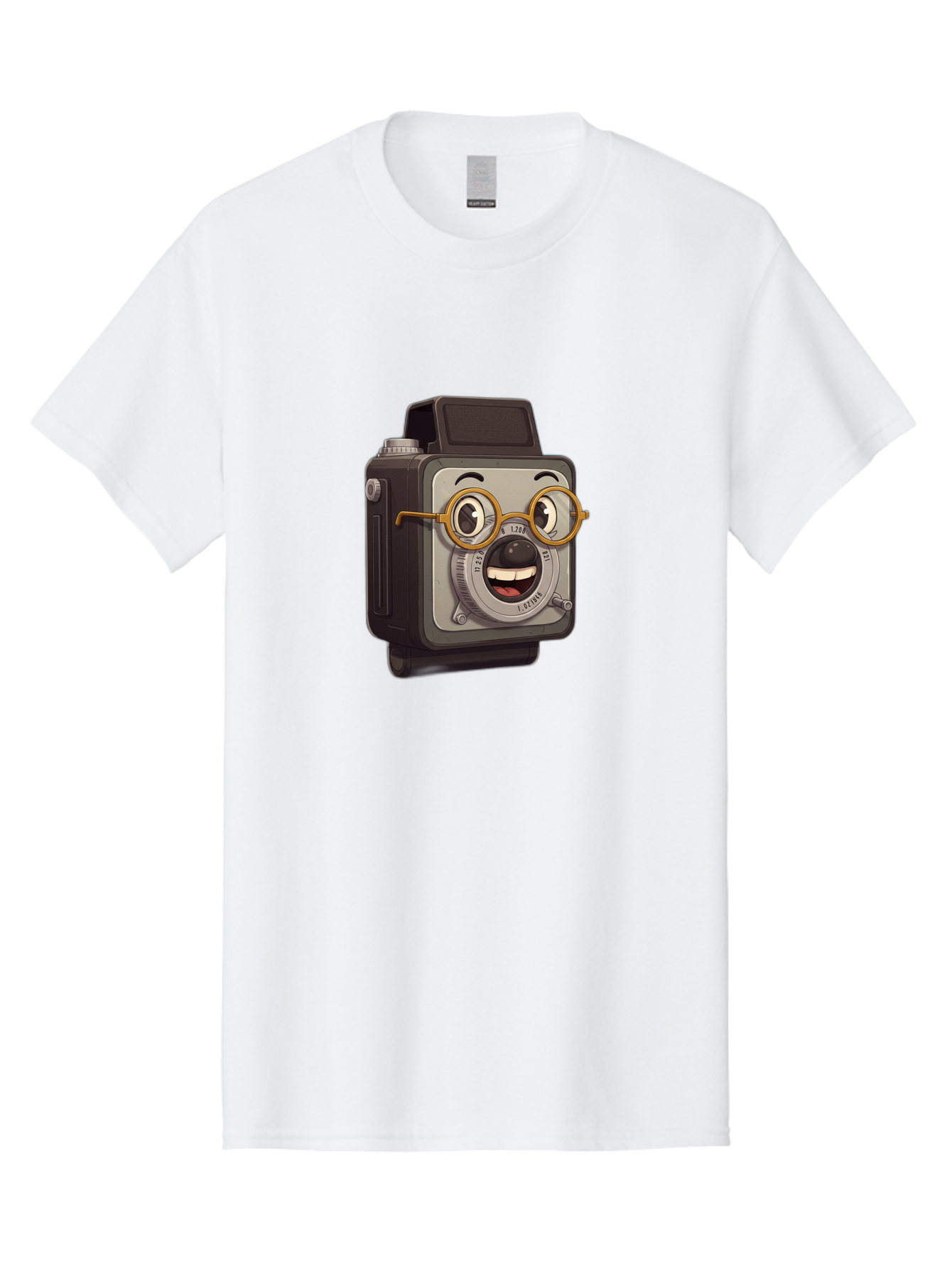 Camera-Character Men'S Graphic Tee, 100% Cotton, Comfortable Casual Summer Wear, Machine Washable, Cartoon Camera, Anthropomorphic Design, Funny Glasses, Goofy Expression, Comedic Character, Playful Illustration, Quirky Personality, Bae371