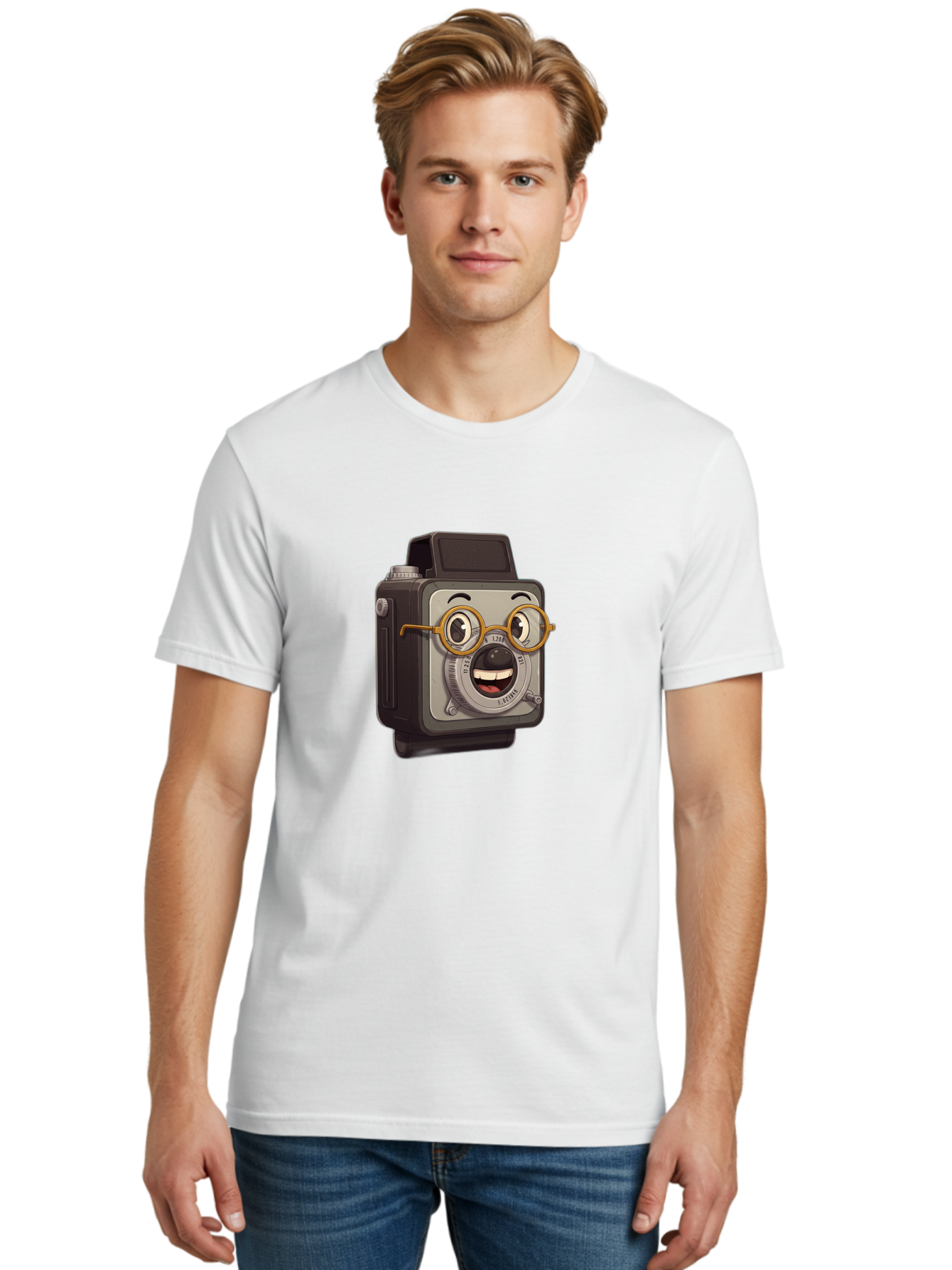 Camera-Character Men'S Graphic Tee, 100% Cotton, Comfortable Casual Summer Wear, Machine Washable, Cartoon Camera, Anthropomorphic Design, Funny Glasses, Goofy Expression, Comedic Character, Playful Illustration, Quirky Personality, Bae371