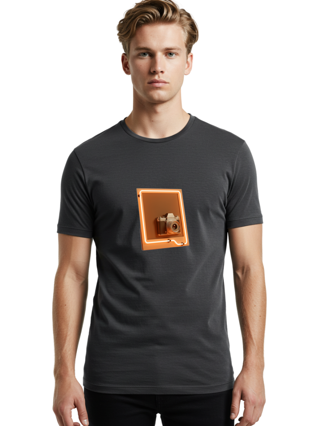 Camera-On-Tablet Men'S Graphic Tee, 100% Cotton, Comfortable Casual Summer Wear, Machine Washable, Digital Camera On Screen, Neon Light, Orange Glow, Camera Lens, Modern Technology, Photography, Digital Display, Futuristic Design Bae372