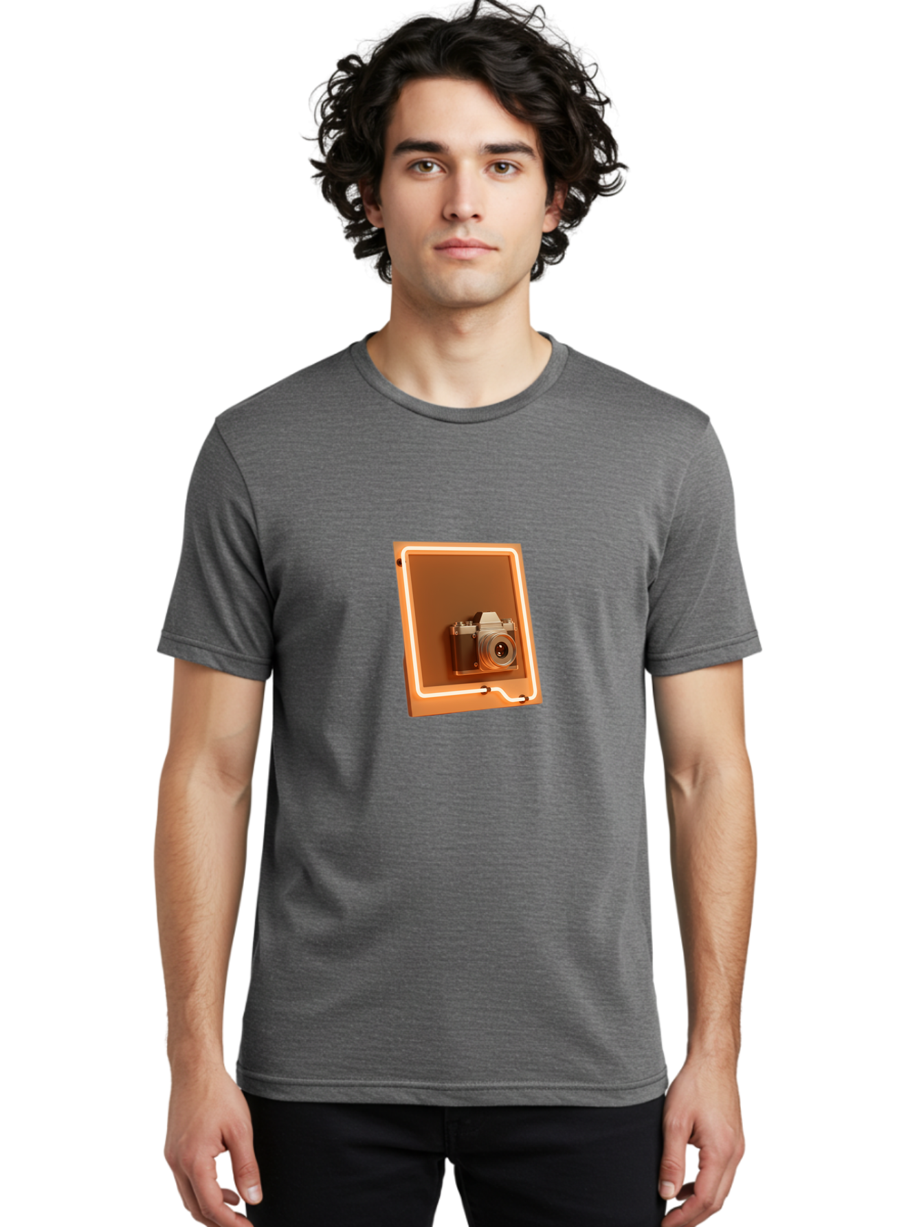 Camera-On-Tablet Men'S Graphic Tee, 100% Cotton, Comfortable Casual Summer Wear, Machine Washable, Digital Camera On Screen, Neon Light, Orange Glow, Camera Lens, Modern Technology, Photography, Digital Display, Futuristic Design Bae372