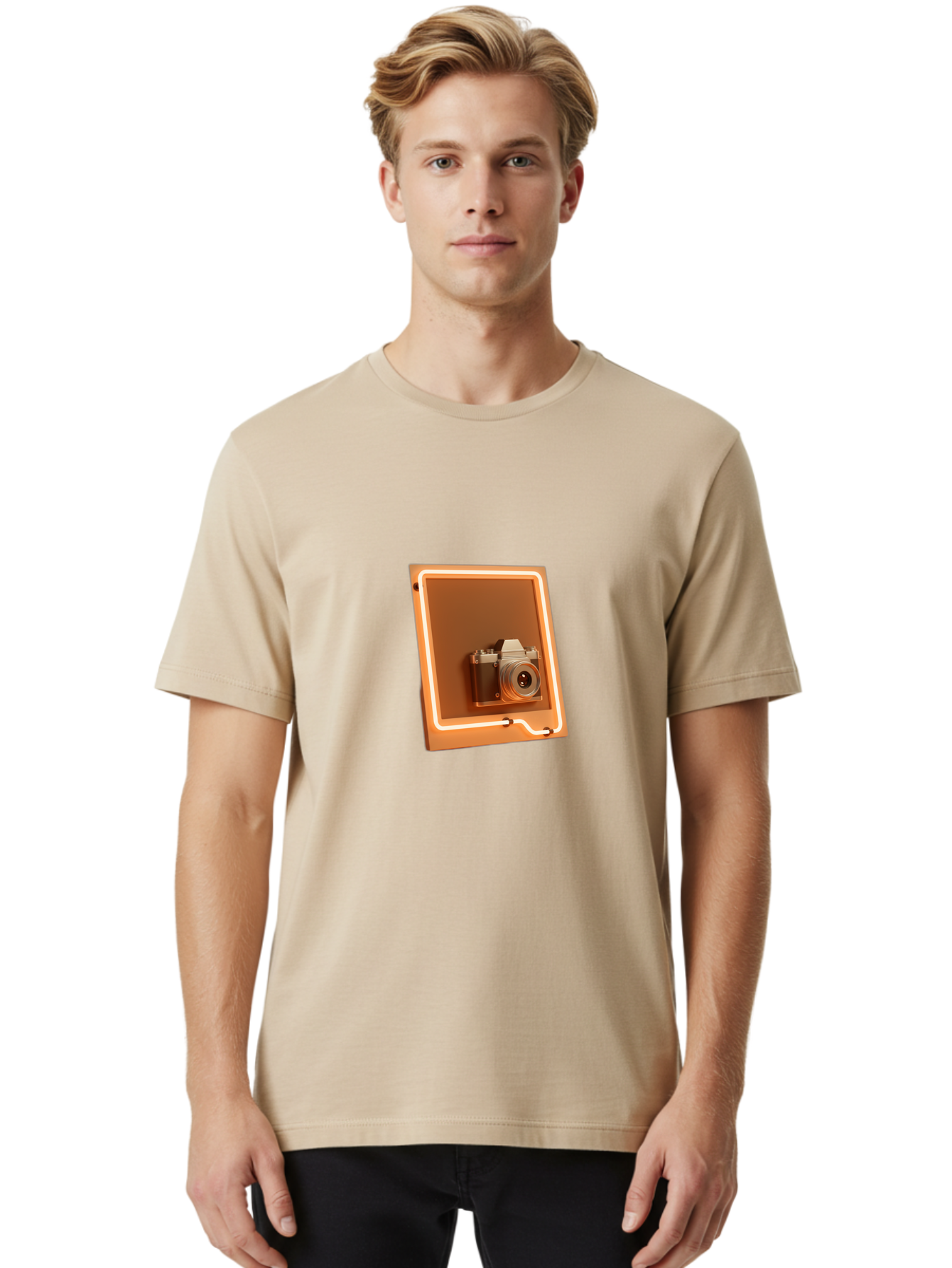 Camera-On-Tablet Men'S Graphic Tee, 100% Cotton, Comfortable Casual Summer Wear, Machine Washable, Digital Camera On Screen, Neon Light, Orange Glow, Camera Lens, Modern Technology, Photography, Digital Display, Futuristic Design Bae372