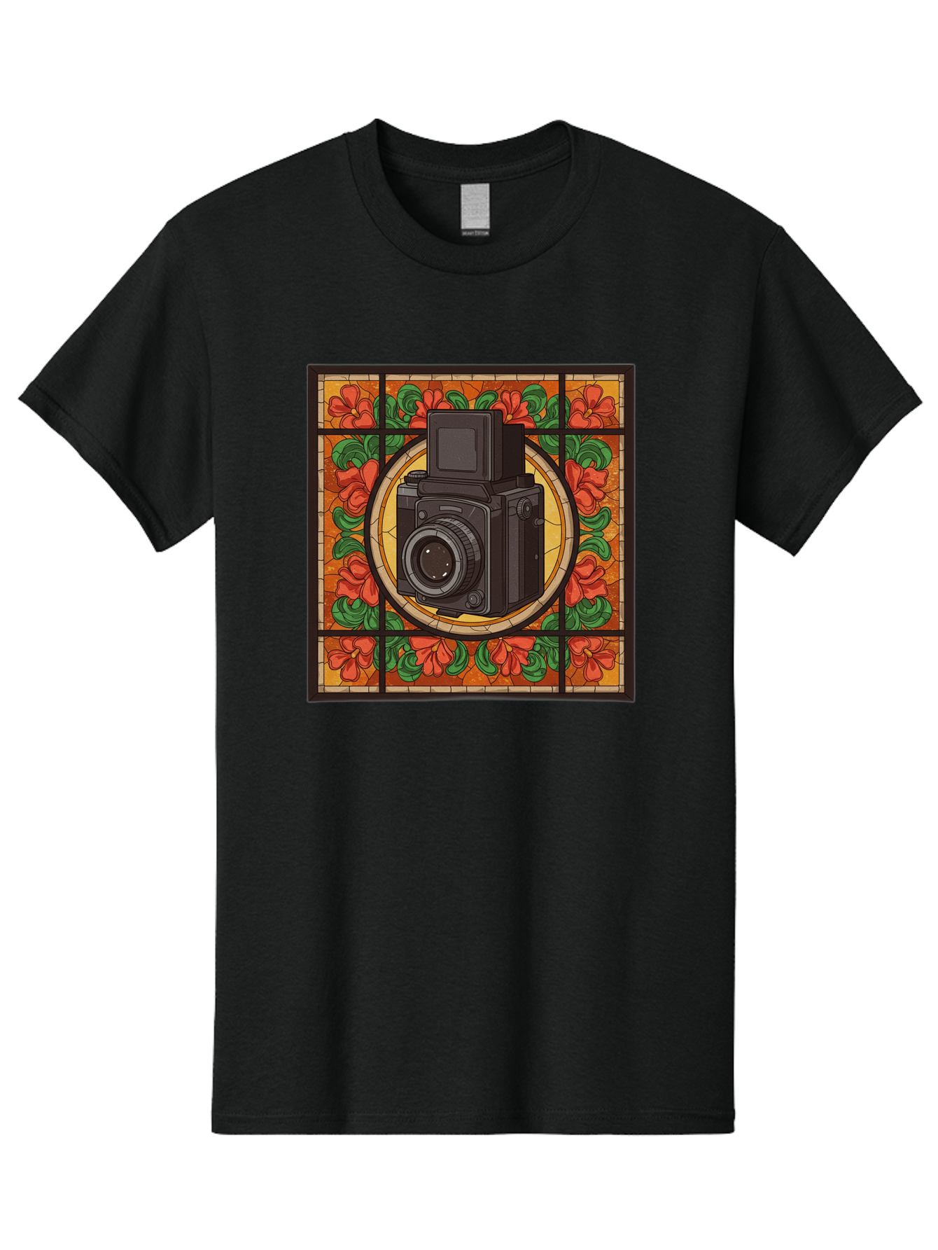 Camera-Stained-Glass Men'S Graphic Tee, 100% Cotton, Comfortable Casual Summer Wear, Machine Washable, Stained Glass Art, Vintage Camera, Floral Pattern, Red Flowers, Green Leaves, Yellow Background, Classic Design, Photography Theme, Bae373
