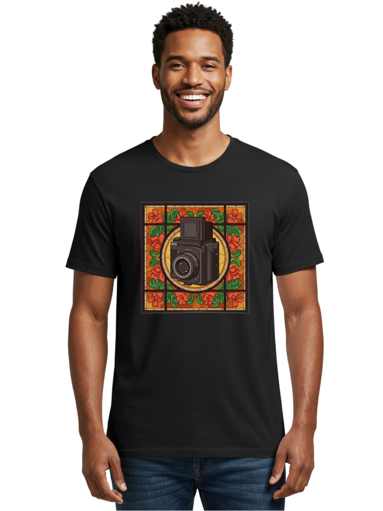 Camera-Stained-Glass Men'S Graphic Tee, 100% Cotton, Comfortable Casual Summer Wear, Machine Washable, Stained Glass Art, Vintage Camera, Floral Pattern, Red Flowers, Green Leaves, Yellow Background, Classic Design, Photography Theme, Bae373