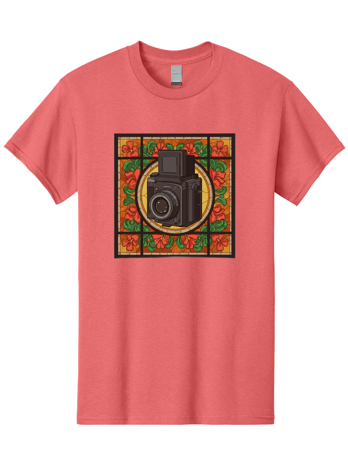 Camera-Stained-Glass Men'S Graphic Tee, 100% Cotton, Comfortable Casual Summer Wear, Machine Washable, Stained Glass Art, Vintage Camera, Floral Pattern, Red Flowers, Green Leaves, Yellow Background, Classic Design, Photography Theme, Bae373
