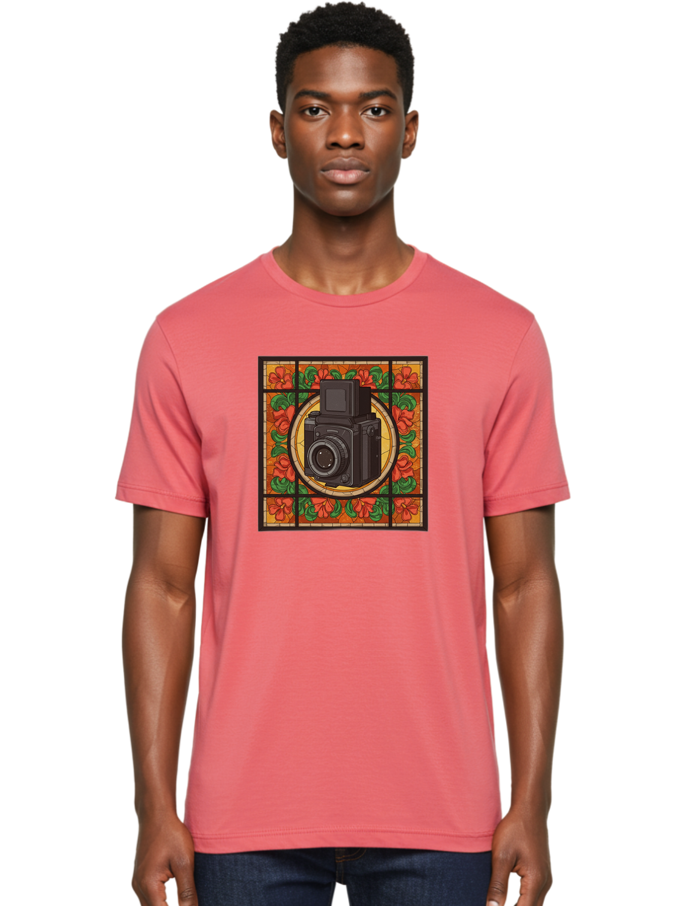 Camera-Stained-Glass Men'S Graphic Tee, 100% Cotton, Comfortable Casual Summer Wear, Machine Washable, Stained Glass Art, Vintage Camera, Floral Pattern, Red Flowers, Green Leaves, Yellow Background, Classic Design, Photography Theme, Bae373