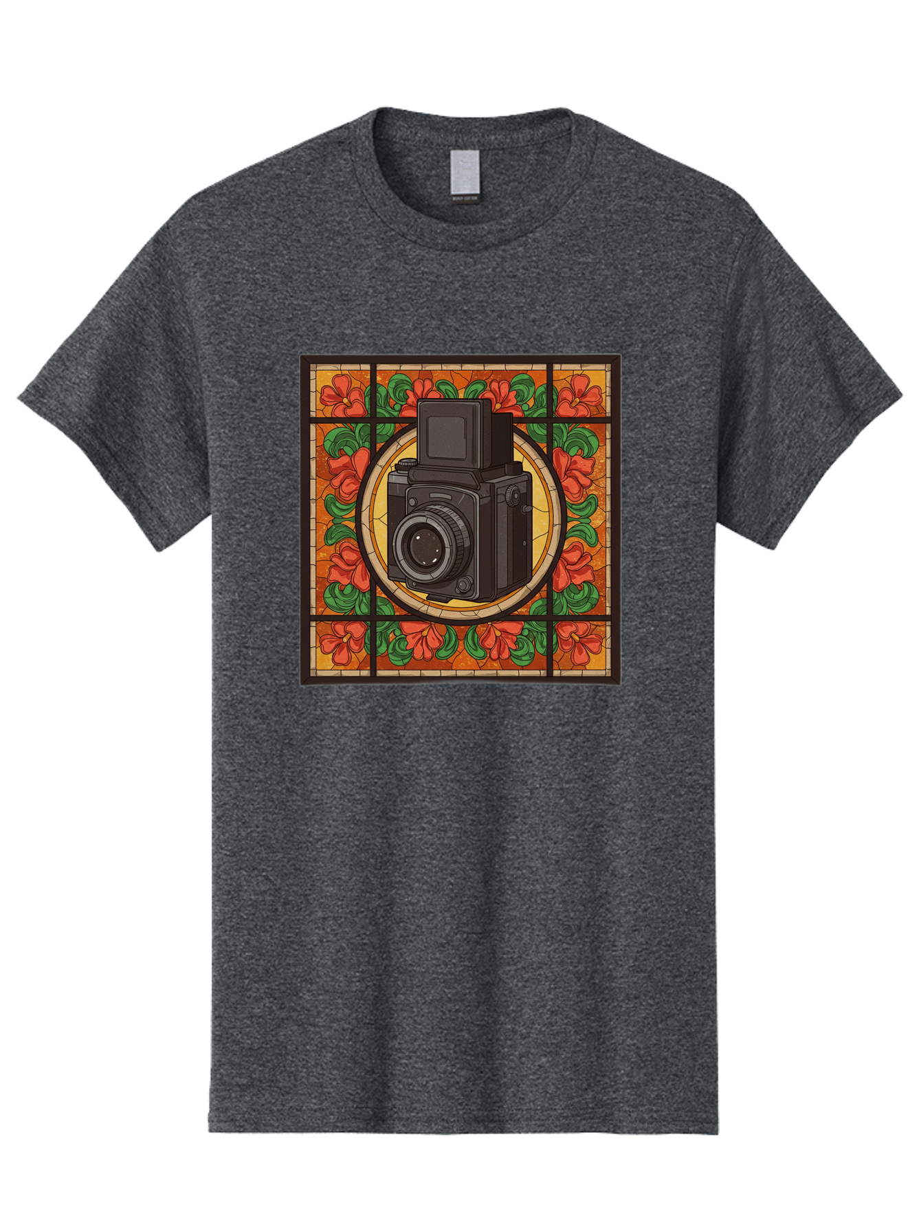 Camera-Stained-Glass Men'S Graphic Tee, 100% Cotton, Comfortable Casual Summer Wear, Machine Washable, Stained Glass Art, Vintage Camera, Floral Pattern, Red Flowers, Green Leaves, Yellow Background, Classic Design, Photography Theme, Bae373