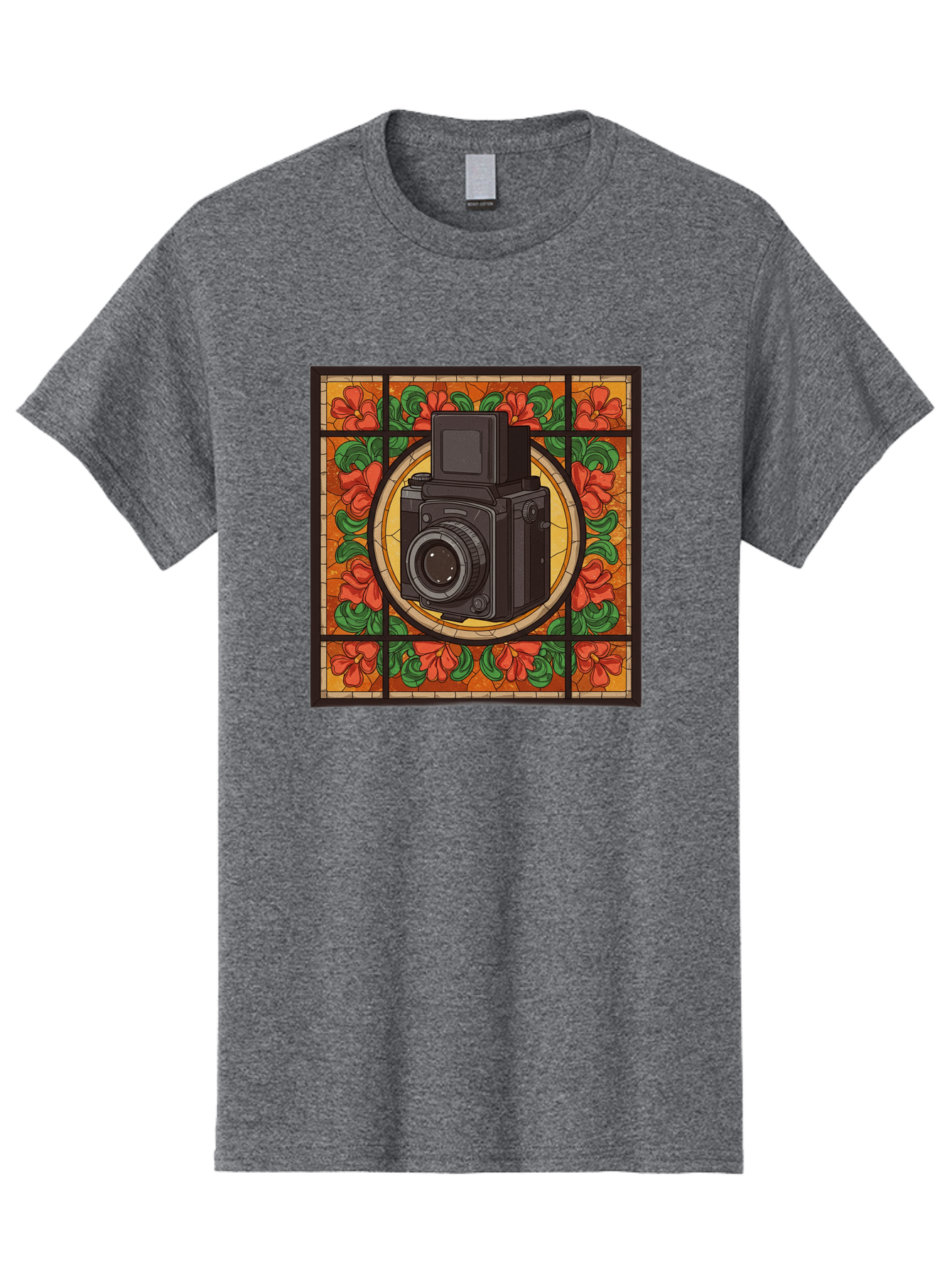 Camera-Stained-Glass Men'S Graphic Tee, 100% Cotton, Comfortable Casual Summer Wear, Machine Washable, Stained Glass Art, Vintage Camera, Floral Pattern, Red Flowers, Green Leaves, Yellow Background, Classic Design, Photography Theme, Bae373