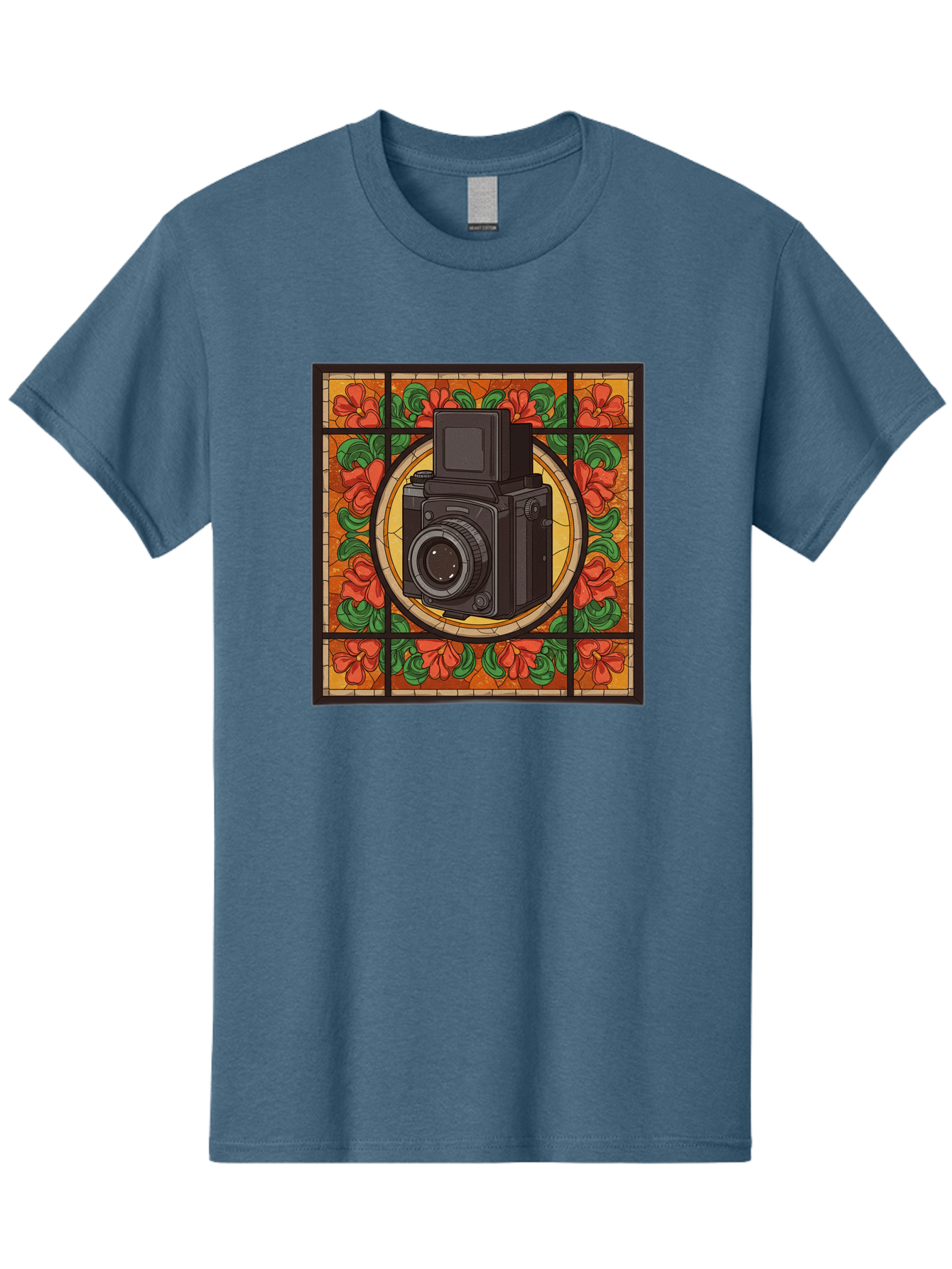 Camera-Stained-Glass Men'S Graphic Tee, 100% Cotton, Comfortable Casual Summer Wear, Machine Washable, Stained Glass Art, Vintage Camera, Floral Pattern, Red Flowers, Green Leaves, Yellow Background, Classic Design, Photography Theme, Bae373