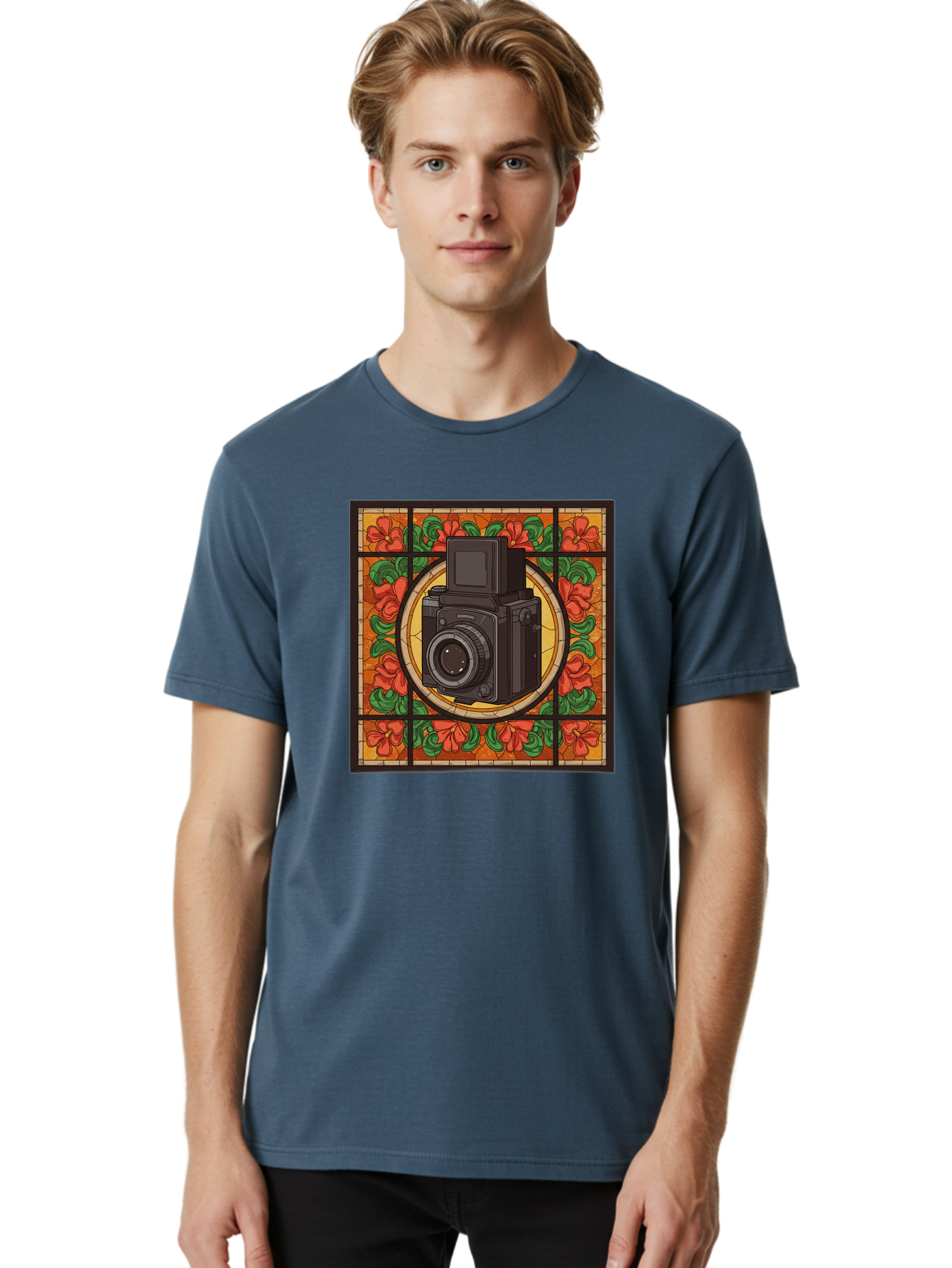 Camera-Stained-Glass Men'S Graphic Tee, 100% Cotton, Comfortable Casual Summer Wear, Machine Washable, Stained Glass Art, Vintage Camera, Floral Pattern, Red Flowers, Green Leaves, Yellow Background, Classic Design, Photography Theme, Bae373
