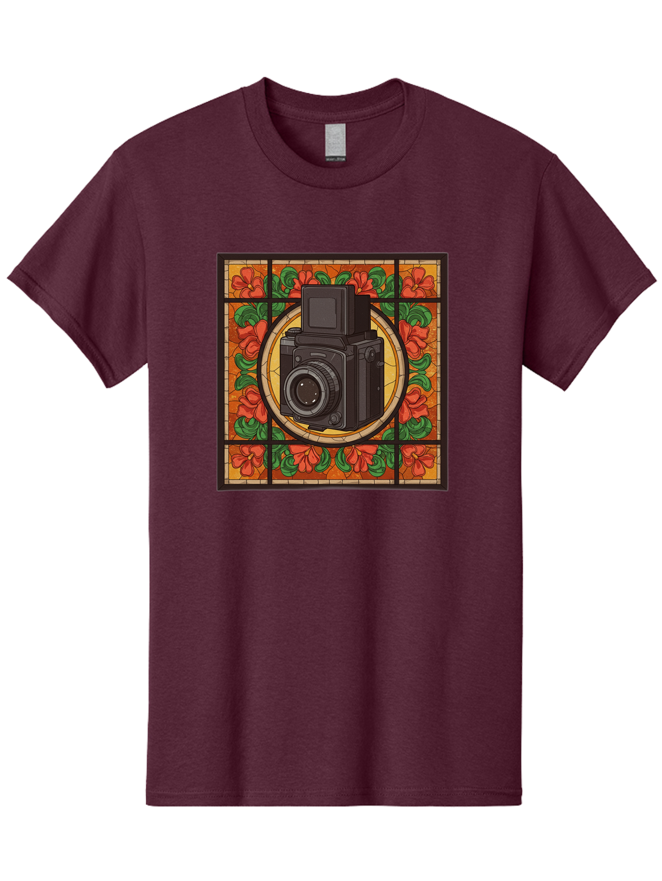 Camera-Stained-Glass Men'S Graphic Tee, 100% Cotton, Comfortable Casual Summer Wear, Machine Washable, Stained Glass Art, Vintage Camera, Floral Pattern, Red Flowers, Green Leaves, Yellow Background, Classic Design, Photography Theme, Bae373