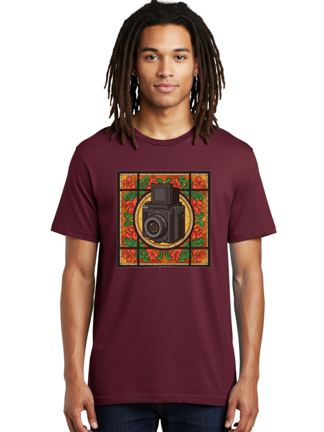 Camera-Stained-Glass Men'S Graphic Tee, 100% Cotton, Comfortable Casual Summer Wear, Machine Washable, Stained Glass Art, Vintage Camera, Floral Pattern, Red Flowers, Green Leaves, Yellow Background, Classic Design, Photography Theme, Bae373