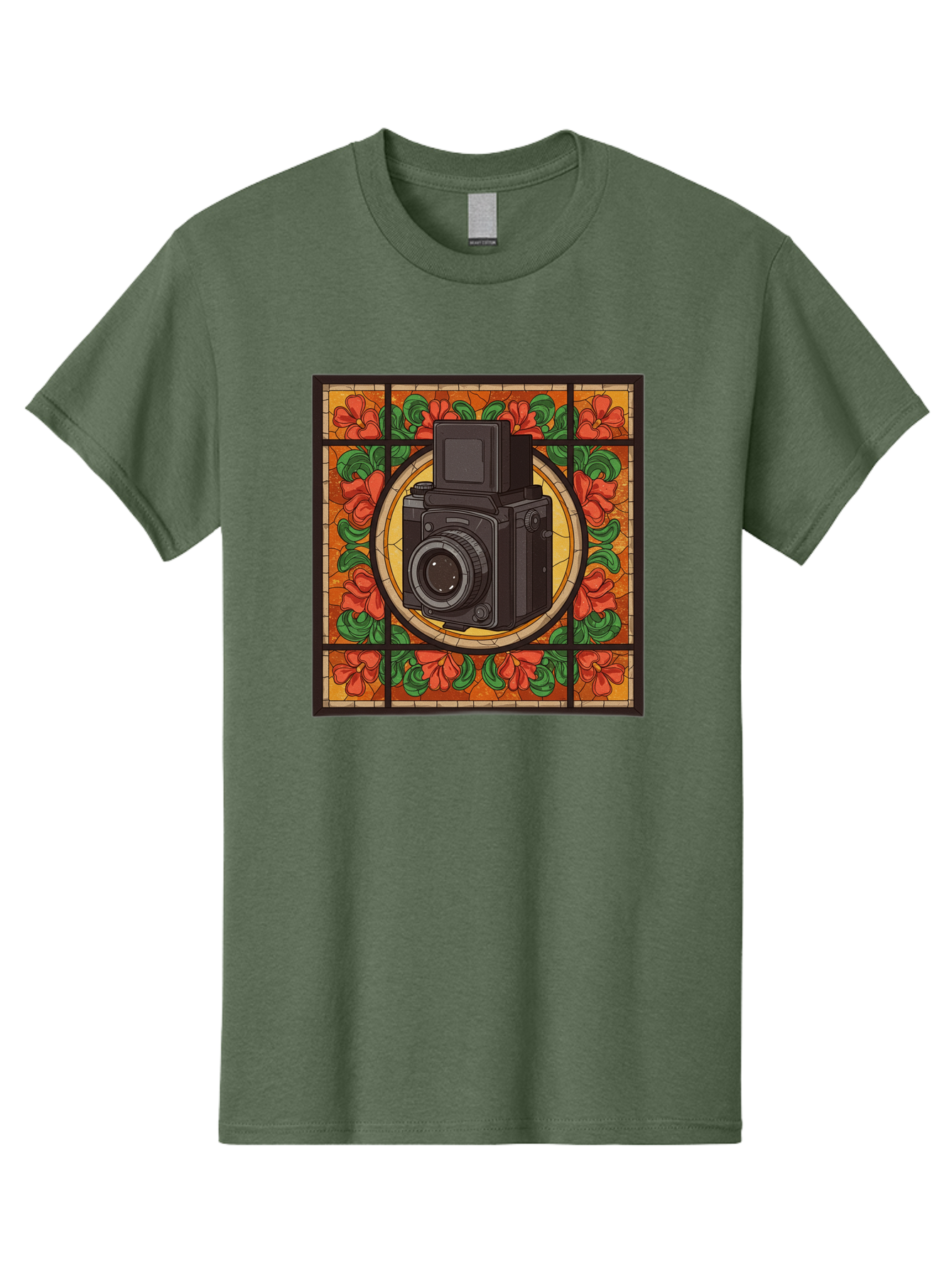 Camera-Stained-Glass Men'S Graphic Tee, 100% Cotton, Comfortable Casual Summer Wear, Machine Washable, Stained Glass Art, Vintage Camera, Floral Pattern, Red Flowers, Green Leaves, Yellow Background, Classic Design, Photography Theme, Bae373