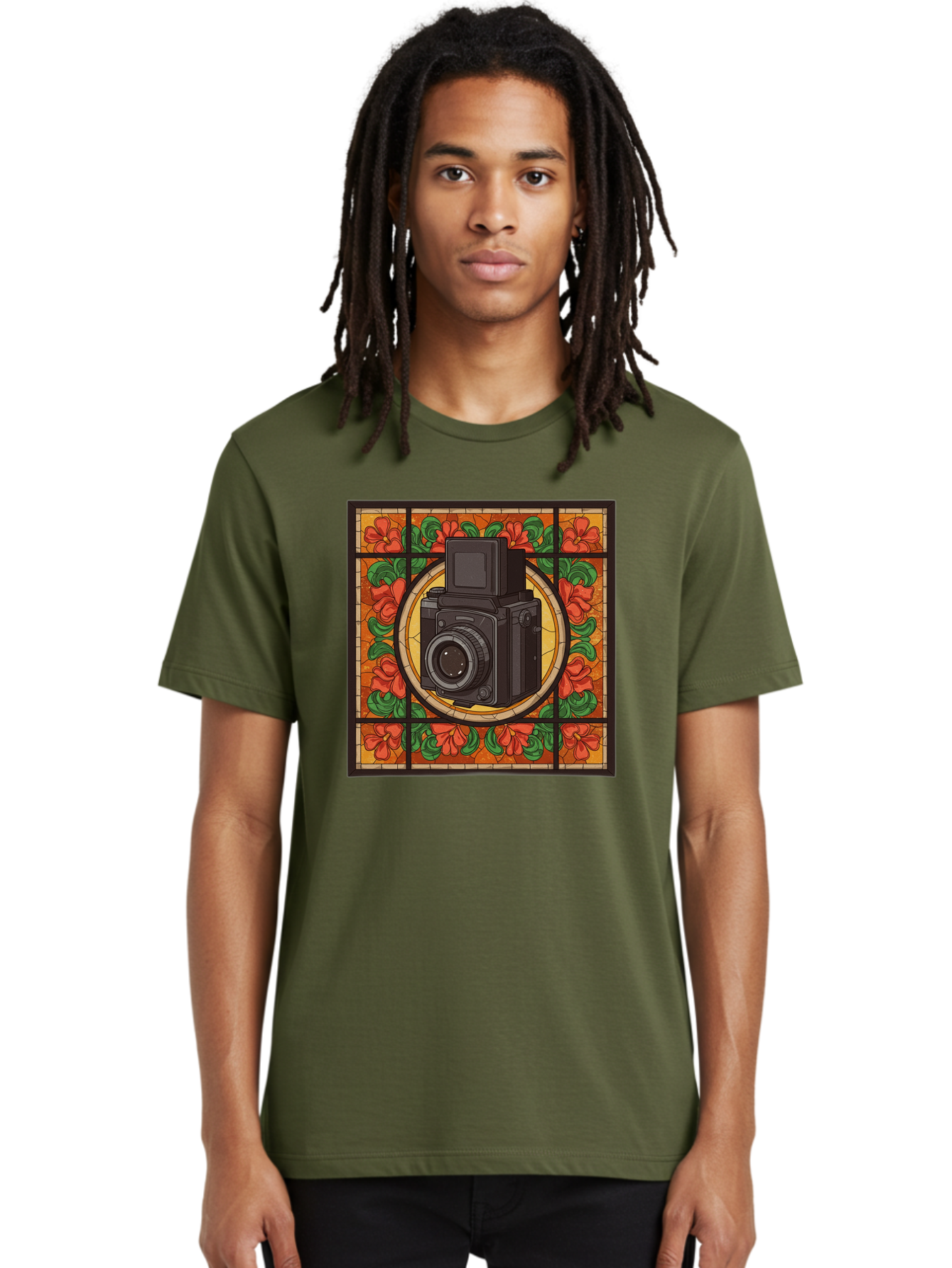Camera-Stained-Glass Men'S Graphic Tee, 100% Cotton, Comfortable Casual Summer Wear, Machine Washable, Stained Glass Art, Vintage Camera, Floral Pattern, Red Flowers, Green Leaves, Yellow Background, Classic Design, Photography Theme, Bae373