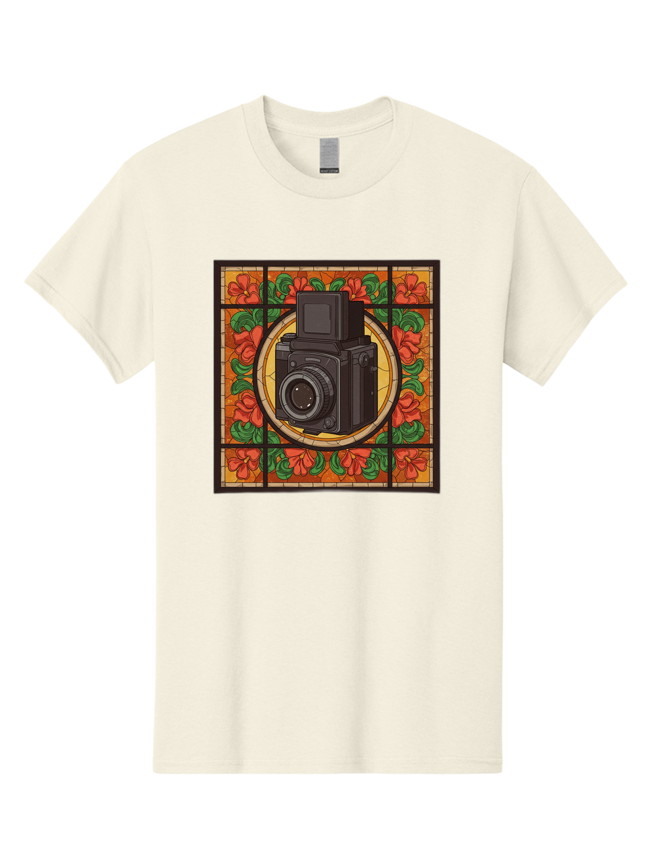 Camera-Stained-Glass Men'S Graphic Tee, 100% Cotton, Comfortable Casual Summer Wear, Machine Washable, Stained Glass Art, Vintage Camera, Floral Pattern, Red Flowers, Green Leaves, Yellow Background, Classic Design, Photography Theme, Bae373
