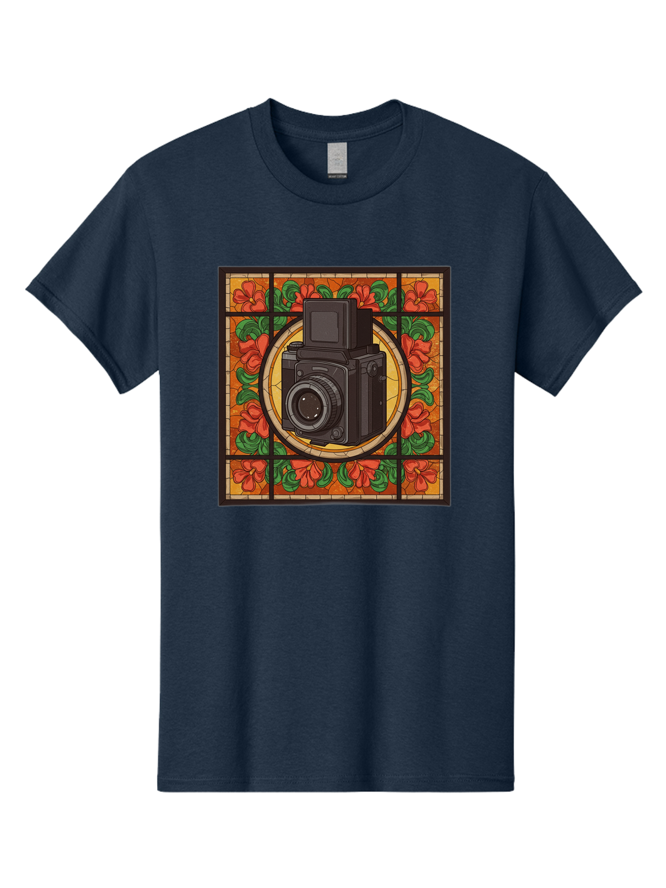 Camera-Stained-Glass Men'S Graphic Tee, 100% Cotton, Comfortable Casual Summer Wear, Machine Washable, Stained Glass Art, Vintage Camera, Floral Pattern, Red Flowers, Green Leaves, Yellow Background, Classic Design, Photography Theme, Bae373