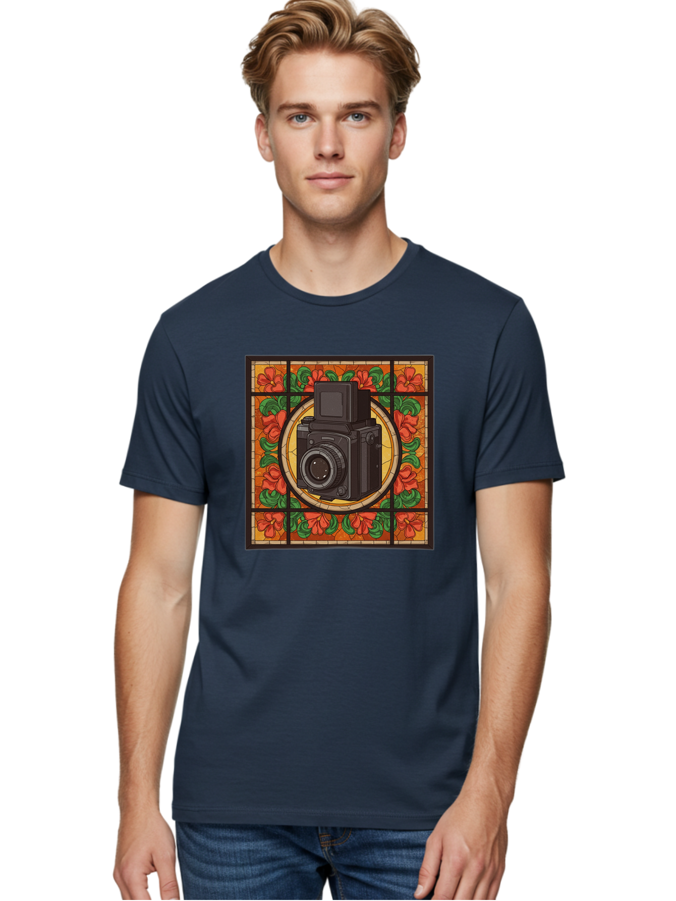 Camera-Stained-Glass Men'S Graphic Tee, 100% Cotton, Comfortable Casual Summer Wear, Machine Washable, Stained Glass Art, Vintage Camera, Floral Pattern, Red Flowers, Green Leaves, Yellow Background, Classic Design, Photography Theme, Bae373