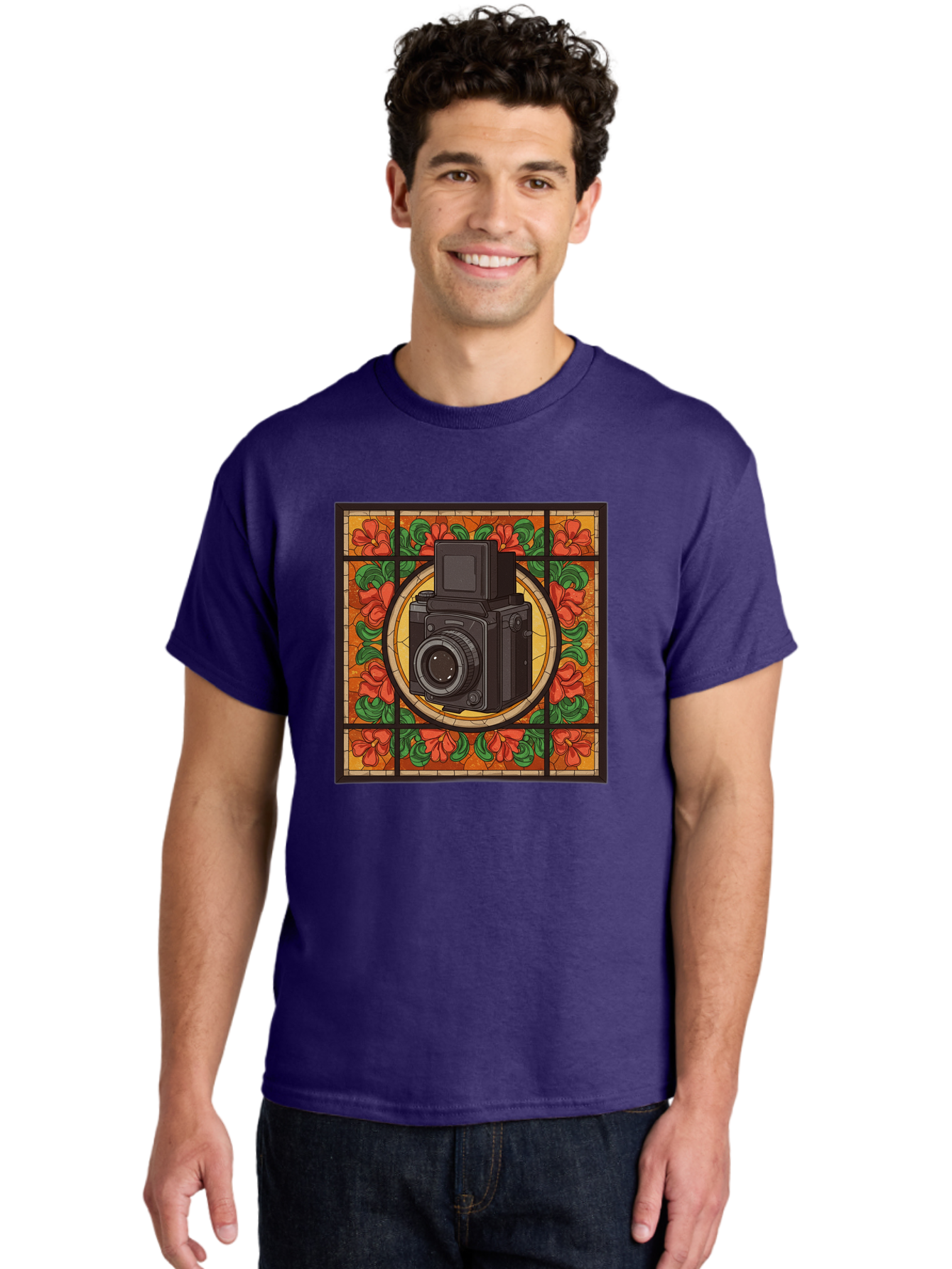 Camera-Stained-Glass Men'S Graphic Tee, 100% Cotton, Comfortable Casual Summer Wear, Machine Washable, Stained Glass Art, Vintage Camera, Floral Pattern, Red Flowers, Green Leaves, Yellow Background, Classic Design, Photography Theme, Bae373