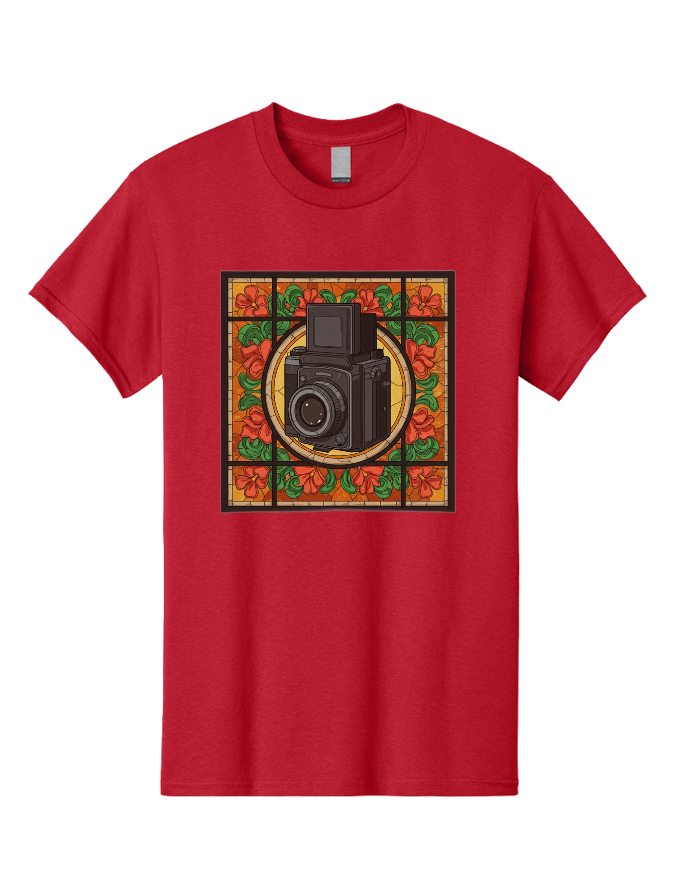 Camera-Stained-Glass Men'S Graphic Tee, 100% Cotton, Comfortable Casual Summer Wear, Machine Washable, Stained Glass Art, Vintage Camera, Floral Pattern, Red Flowers, Green Leaves, Yellow Background, Classic Design, Photography Theme, Bae373