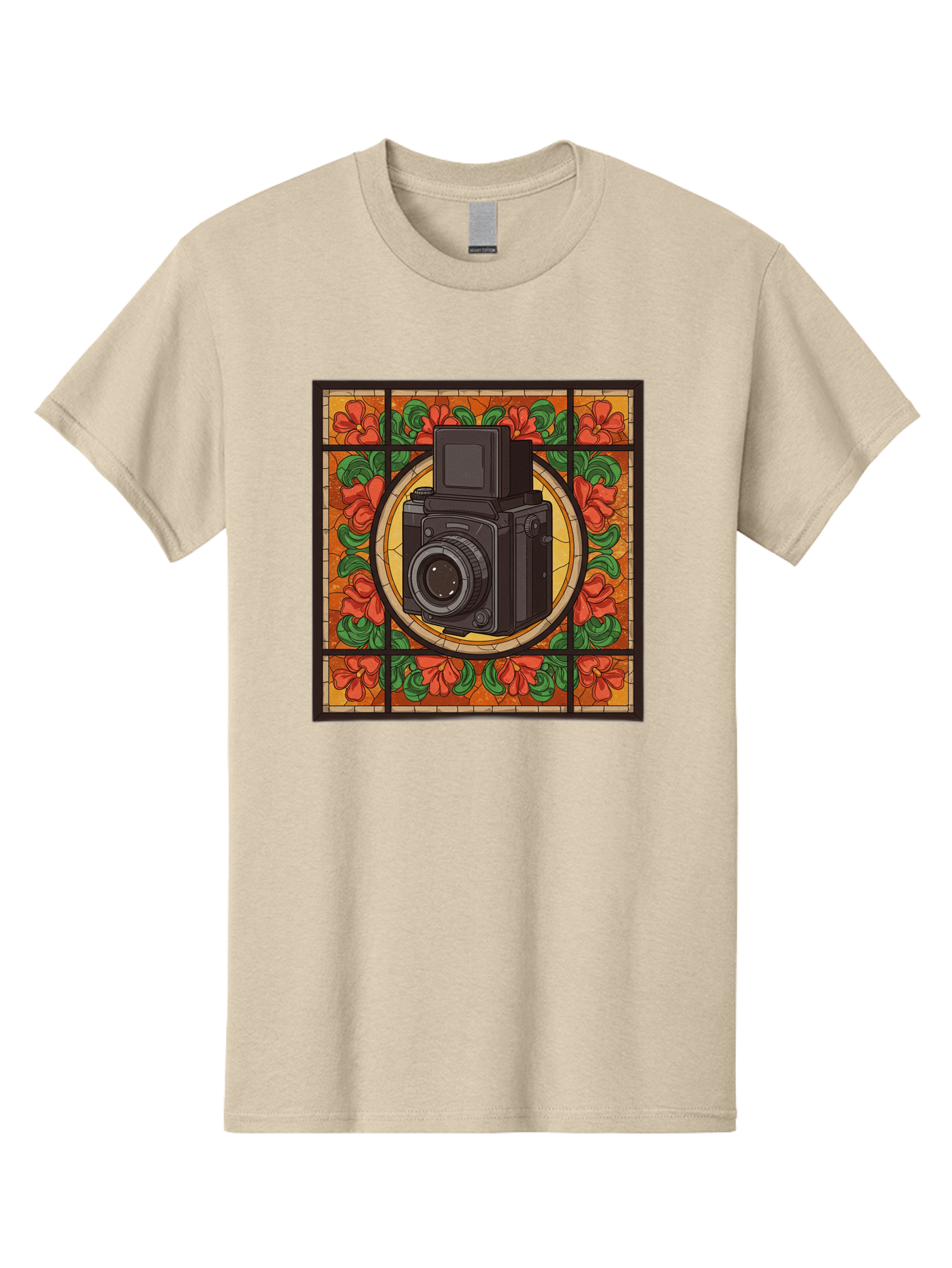 Camera-Stained-Glass Men'S Graphic Tee, 100% Cotton, Comfortable Casual Summer Wear, Machine Washable, Stained Glass Art, Vintage Camera, Floral Pattern, Red Flowers, Green Leaves, Yellow Background, Classic Design, Photography Theme, Bae373