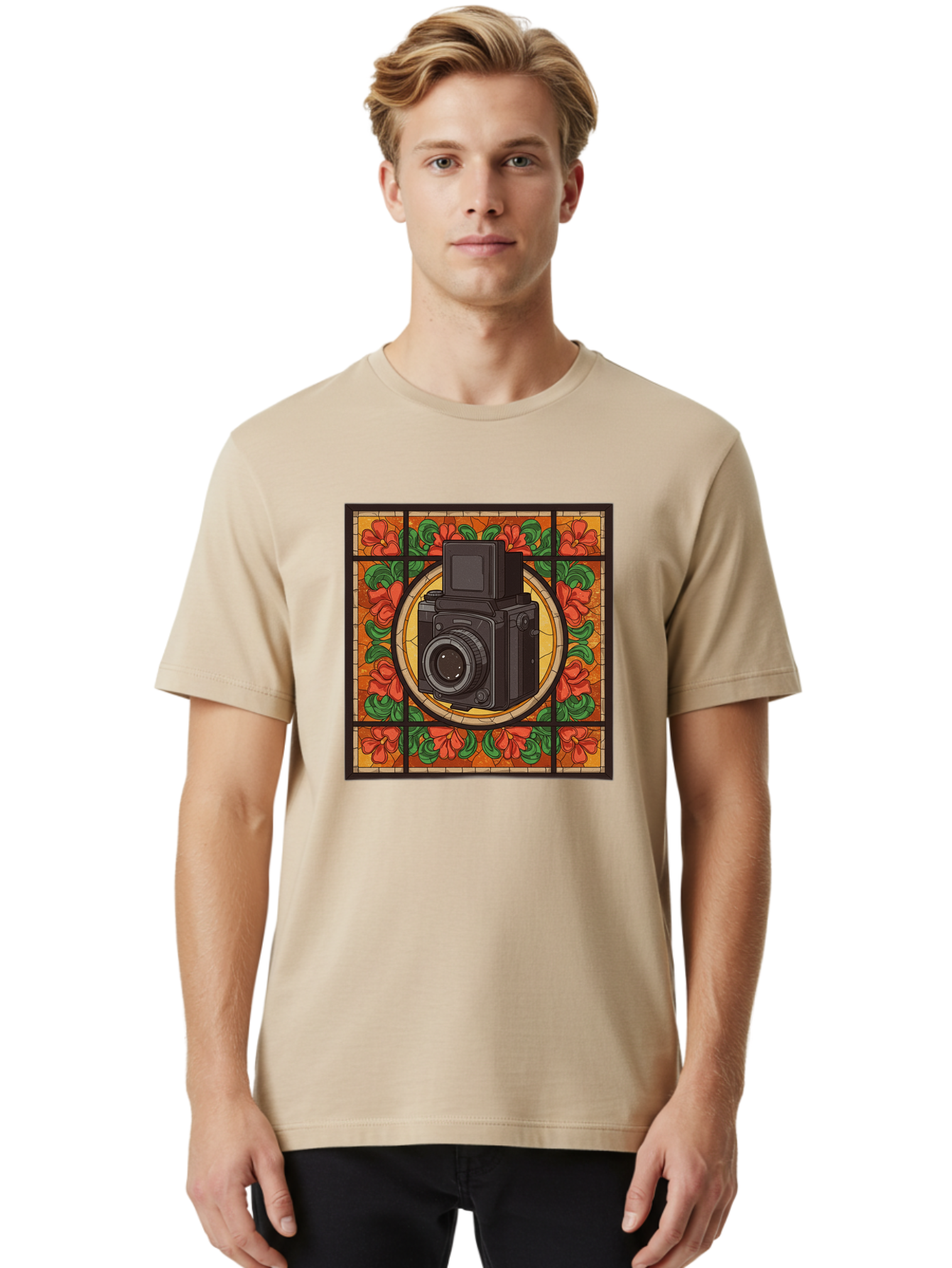 Camera-Stained-Glass Men'S Graphic Tee, 100% Cotton, Comfortable Casual Summer Wear, Machine Washable, Stained Glass Art, Vintage Camera, Floral Pattern, Red Flowers, Green Leaves, Yellow Background, Classic Design, Photography Theme, Bae373