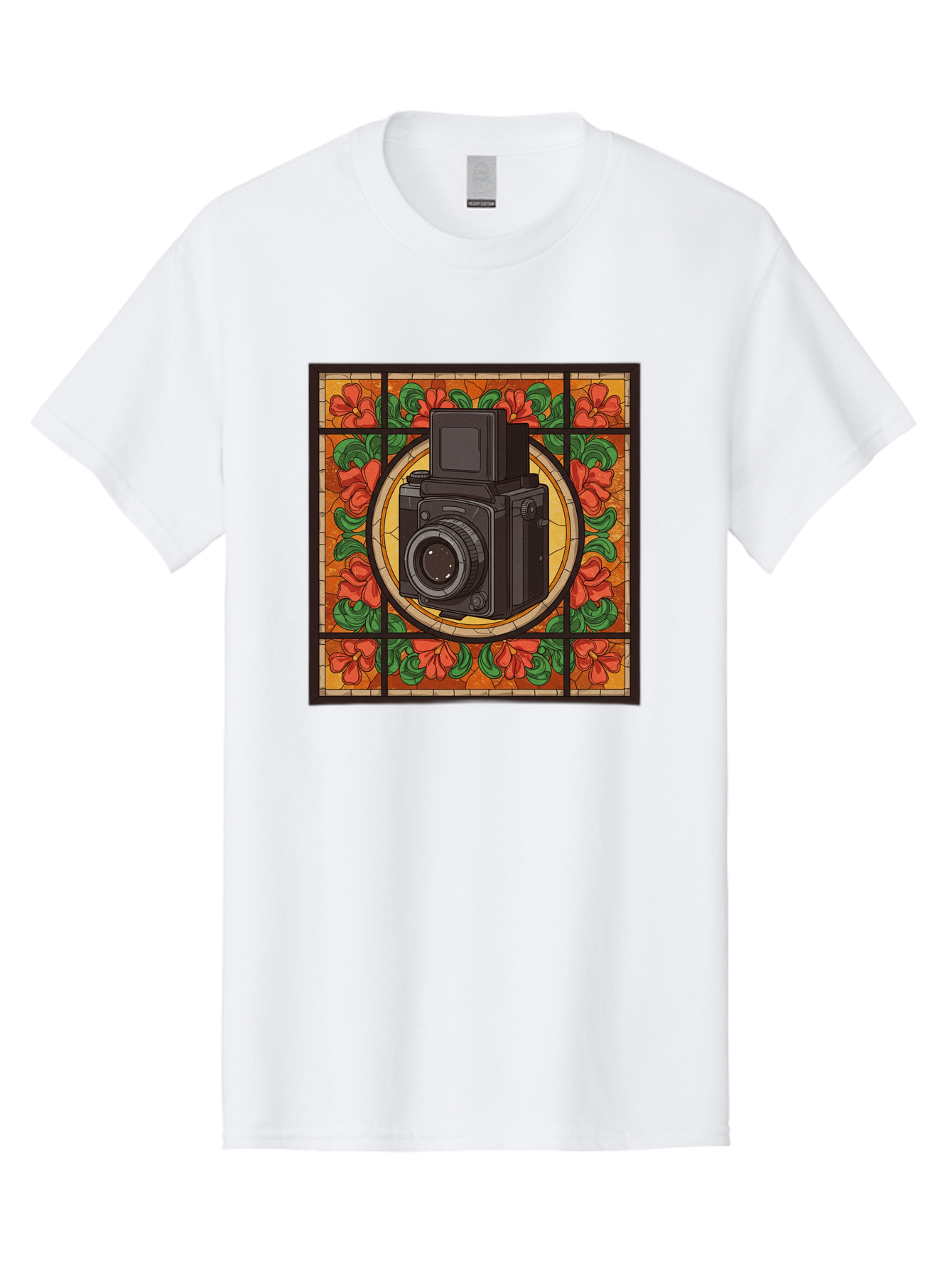 Camera-Stained-Glass Men'S Graphic Tee, 100% Cotton, Comfortable Casual Summer Wear, Machine Washable, Stained Glass Art, Vintage Camera, Floral Pattern, Red Flowers, Green Leaves, Yellow Background, Classic Design, Photography Theme, Bae373
