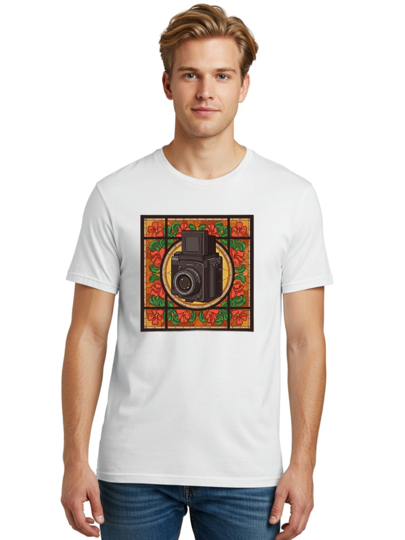 Camera-Stained-Glass Men'S Graphic Tee, 100% Cotton, Comfortable Casual Summer Wear, Machine Washable, Stained Glass Art, Vintage Camera, Floral Pattern, Red Flowers, Green Leaves, Yellow Background, Classic Design, Photography Theme, Bae373