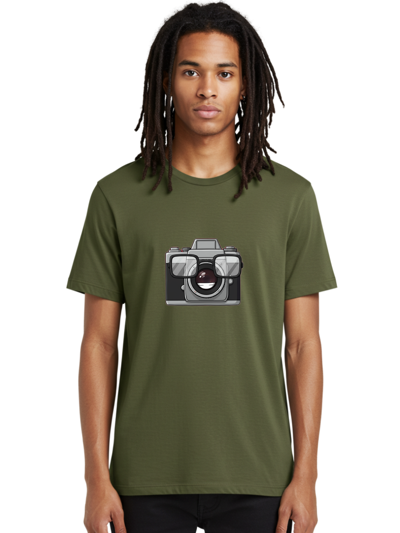 Camera-With-Glasses-1 Men'S Graphic Tee, 100% Cotton, Comfortable Casual Summer Wear, Machine Washable, Camera Wearing Glasses, Digital Art, Photography Equipment, Nerd Camera, Camera Illustration, Photography Humor, Geeky Camera, Bae374