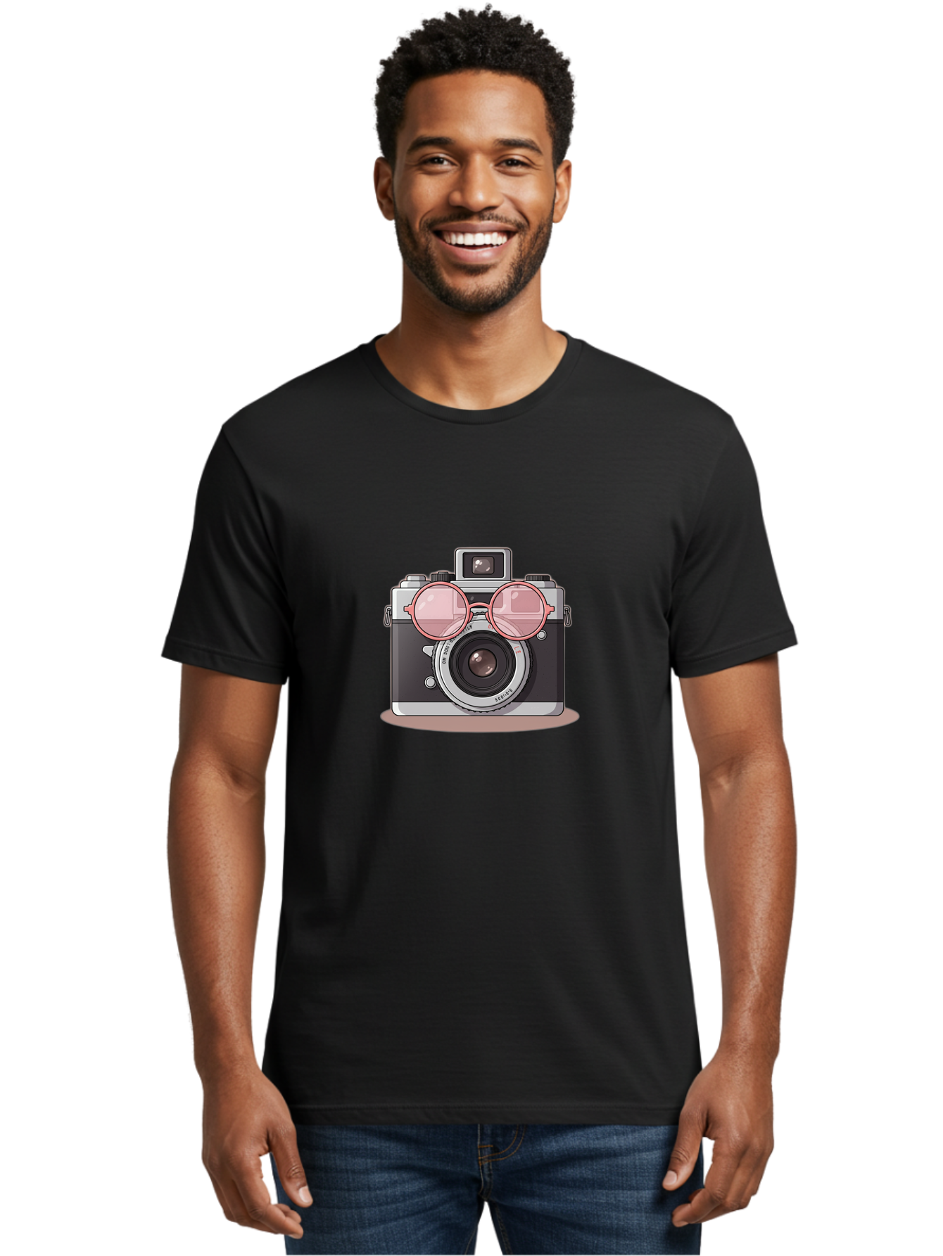 Camera-With-Glasses-2 Men'S Graphic Tee, 100% Cotton, Comfortable Casual Summer Wear, Machine Washable, Vintage Camera, Retro Photography, Cool Glasses, Lens Reflection, Classic Design, Camera Accessories, Stylish Photography Equipment, Bae375