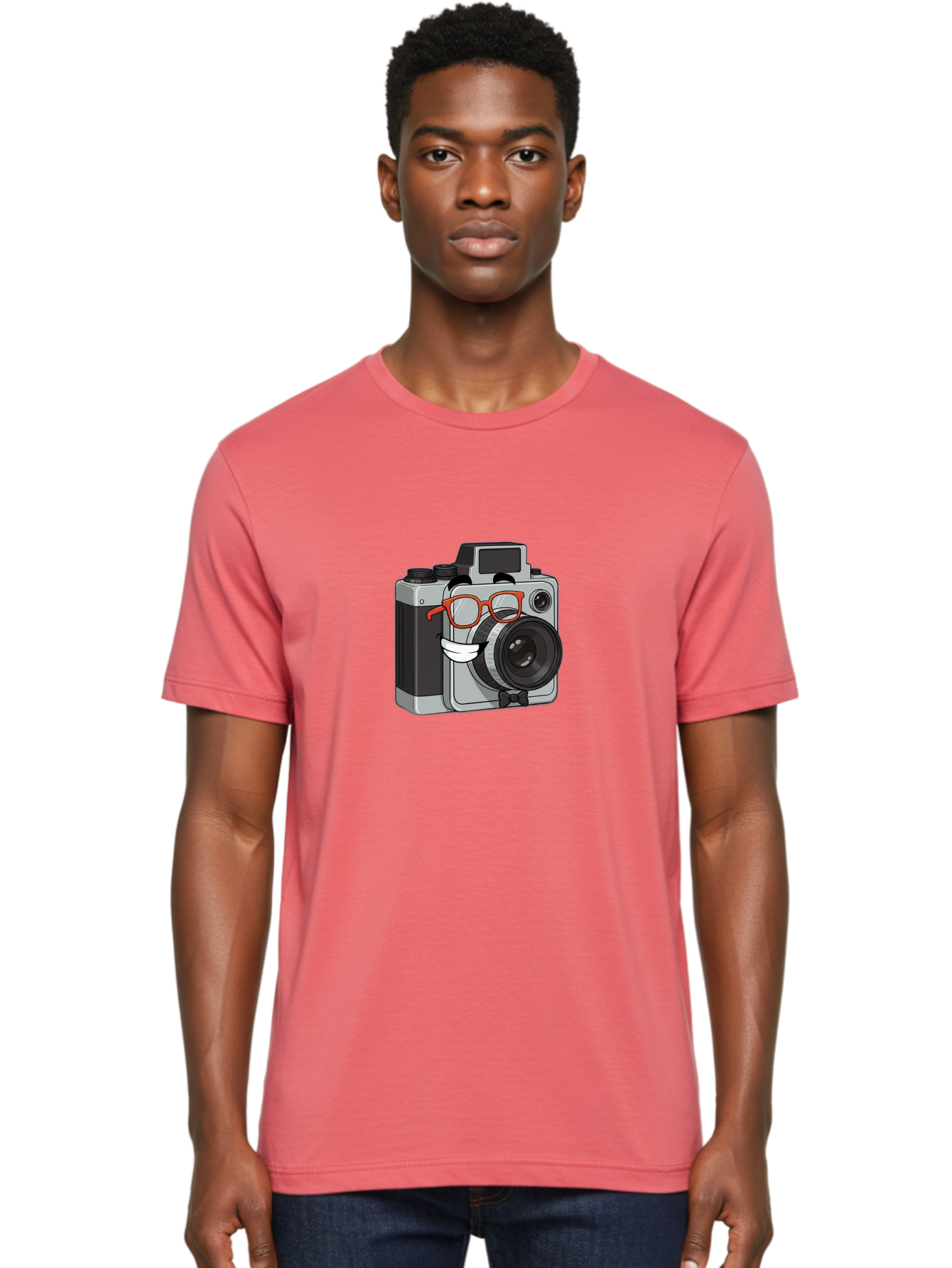 Camera-With-Glasses Men'S Graphic Tee, 100% Cotton, Comfortable Casual Summer Wear, Machine Washable, Cartoon Camera, Vintage Photography, Glasses And Bow Tie, Retro Style, Digital Art, Funny Characters, Creative Concepts, Artistic Expression, Bae376