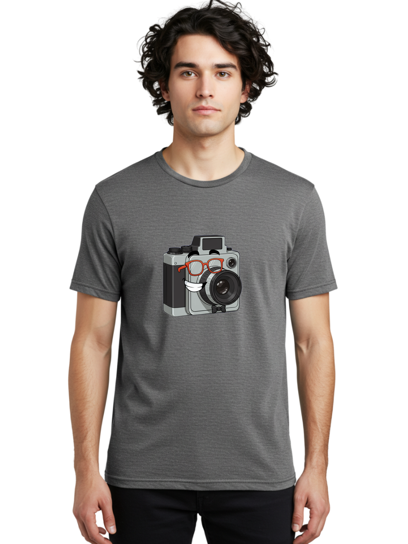 Camera-With-Glasses Men'S Graphic Tee, 100% Cotton, Comfortable Casual Summer Wear, Machine Washable, Cartoon Camera, Vintage Photography, Glasses And Bow Tie, Retro Style, Digital Art, Funny Characters, Creative Concepts, Artistic Expression, Bae376