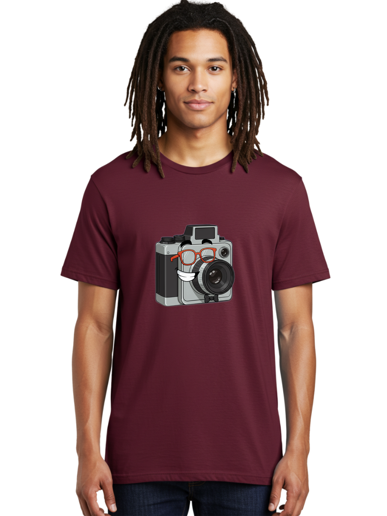 Camera-With-Glasses Men'S Graphic Tee, 100% Cotton, Comfortable Casual Summer Wear, Machine Washable, Cartoon Camera, Vintage Photography, Glasses And Bow Tie, Retro Style, Digital Art, Funny Characters, Creative Concepts, Artistic Expression, Bae376