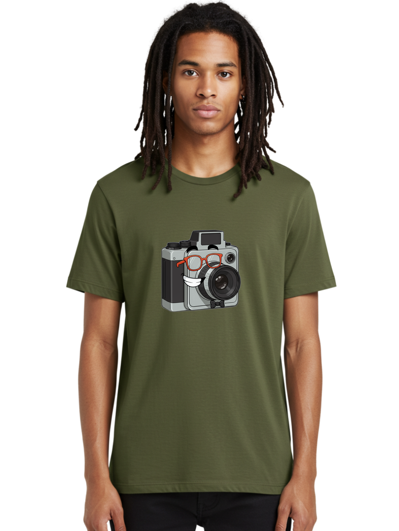 Camera-With-Glasses Men'S Graphic Tee, 100% Cotton, Comfortable Casual Summer Wear, Machine Washable, Cartoon Camera, Vintage Photography, Glasses And Bow Tie, Retro Style, Digital Art, Funny Characters, Creative Concepts, Artistic Expression, Bae376
