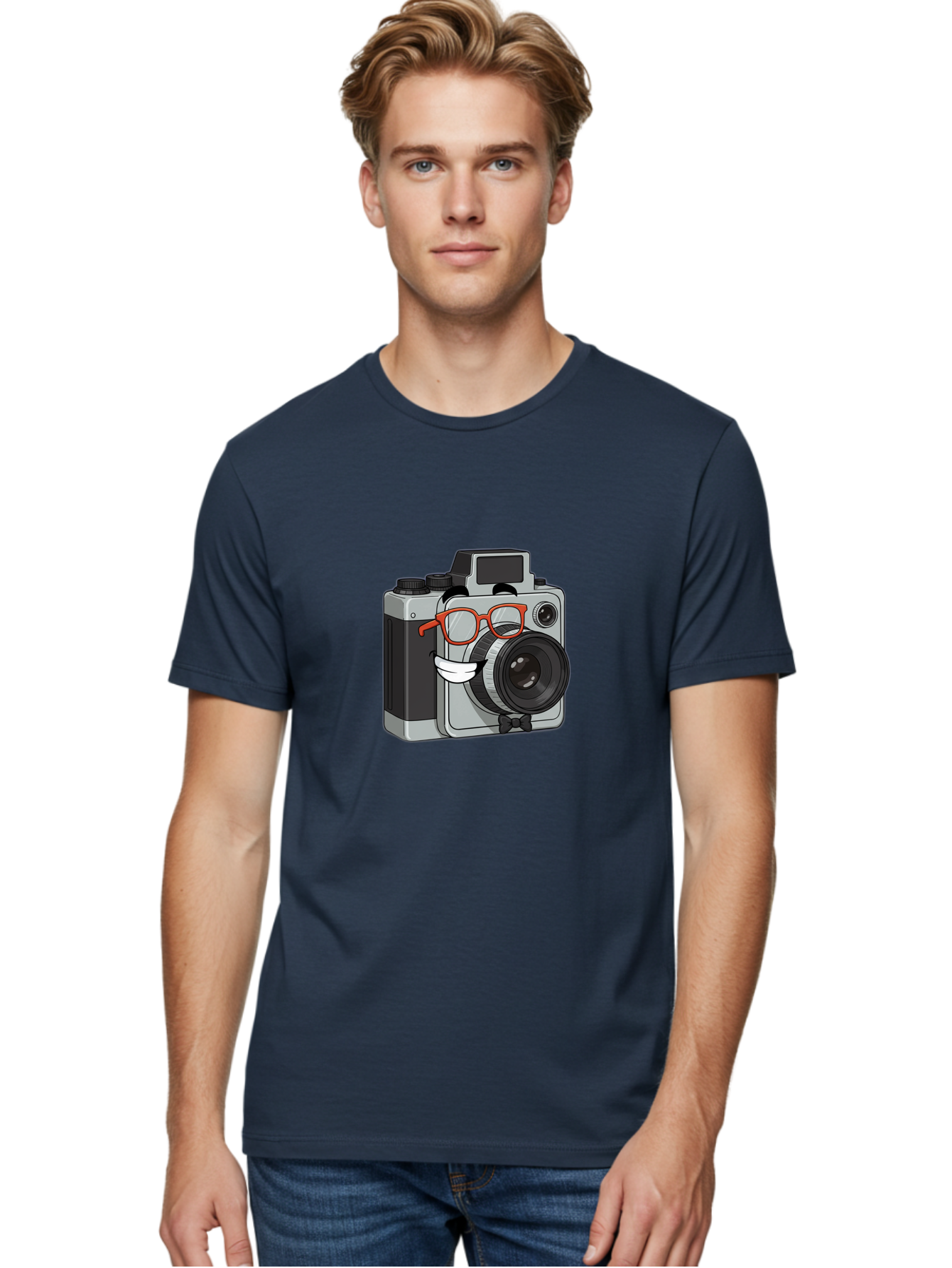 Camera-With-Glasses Men'S Graphic Tee, 100% Cotton, Comfortable Casual Summer Wear, Machine Washable, Cartoon Camera, Vintage Photography, Glasses And Bow Tie, Retro Style, Digital Art, Funny Characters, Creative Concepts, Artistic Expression, Bae376