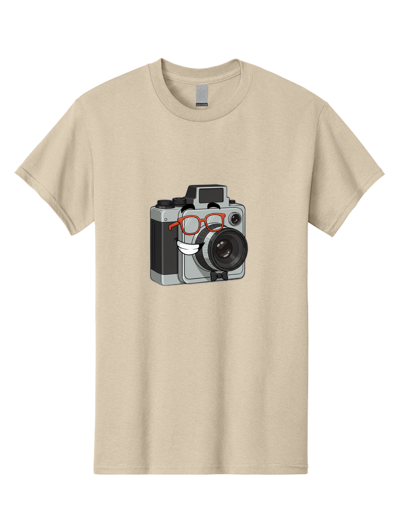 Camera-With-Glasses Men'S Graphic Tee, 100% Cotton, Comfortable Casual Summer Wear, Machine Washable, Cartoon Camera, Vintage Photography, Glasses And Bow Tie, Retro Style, Digital Art, Funny Characters, Creative Concepts, Artistic Expression, Bae376