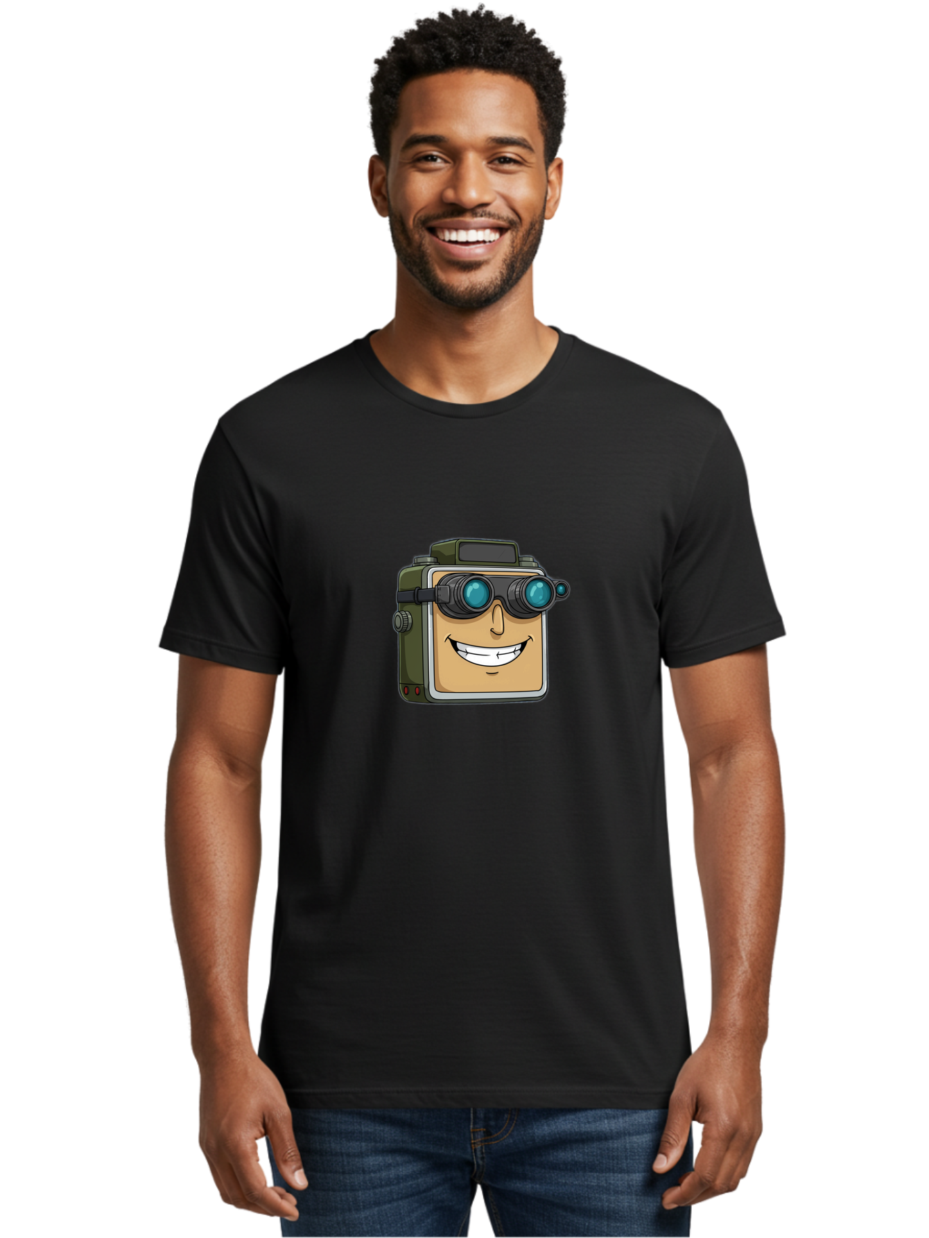 Camera-With-Goggles Men'S Graphic Tee, 100% Cotton, Comfortable Casual Summer Wear, Machine Washable, Cartoon Camera, Smiling Camera, Goggles On Camera, Futuristic Technology, Camera Character, Playful Illustration, Tech Gadget, Bae377