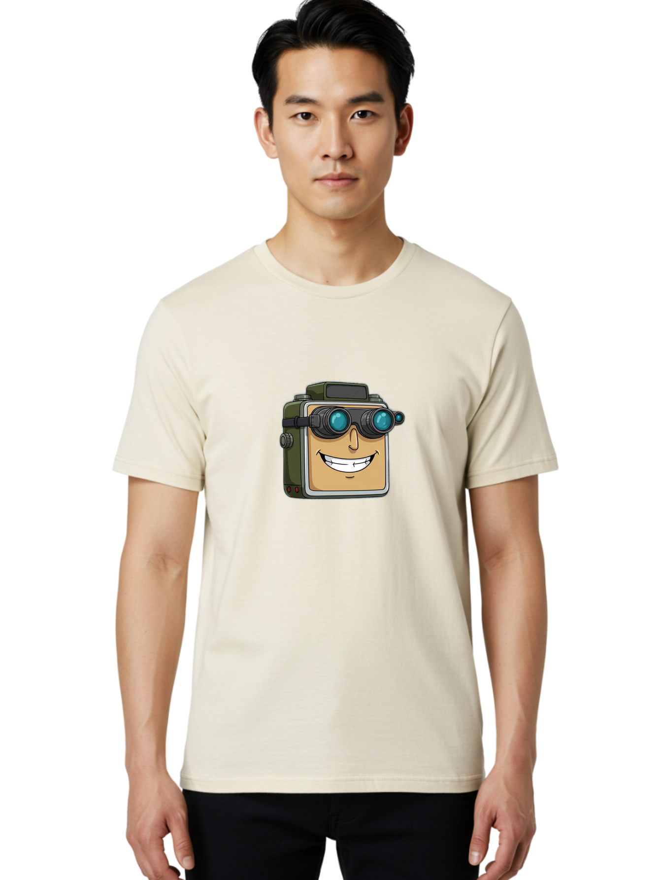 Camera-With-Goggles Men'S Graphic Tee, 100% Cotton, Comfortable Casual Summer Wear, Machine Washable, Cartoon Camera, Smiling Camera, Goggles On Camera, Futuristic Technology, Camera Character, Playful Illustration, Tech Gadget, Bae377
