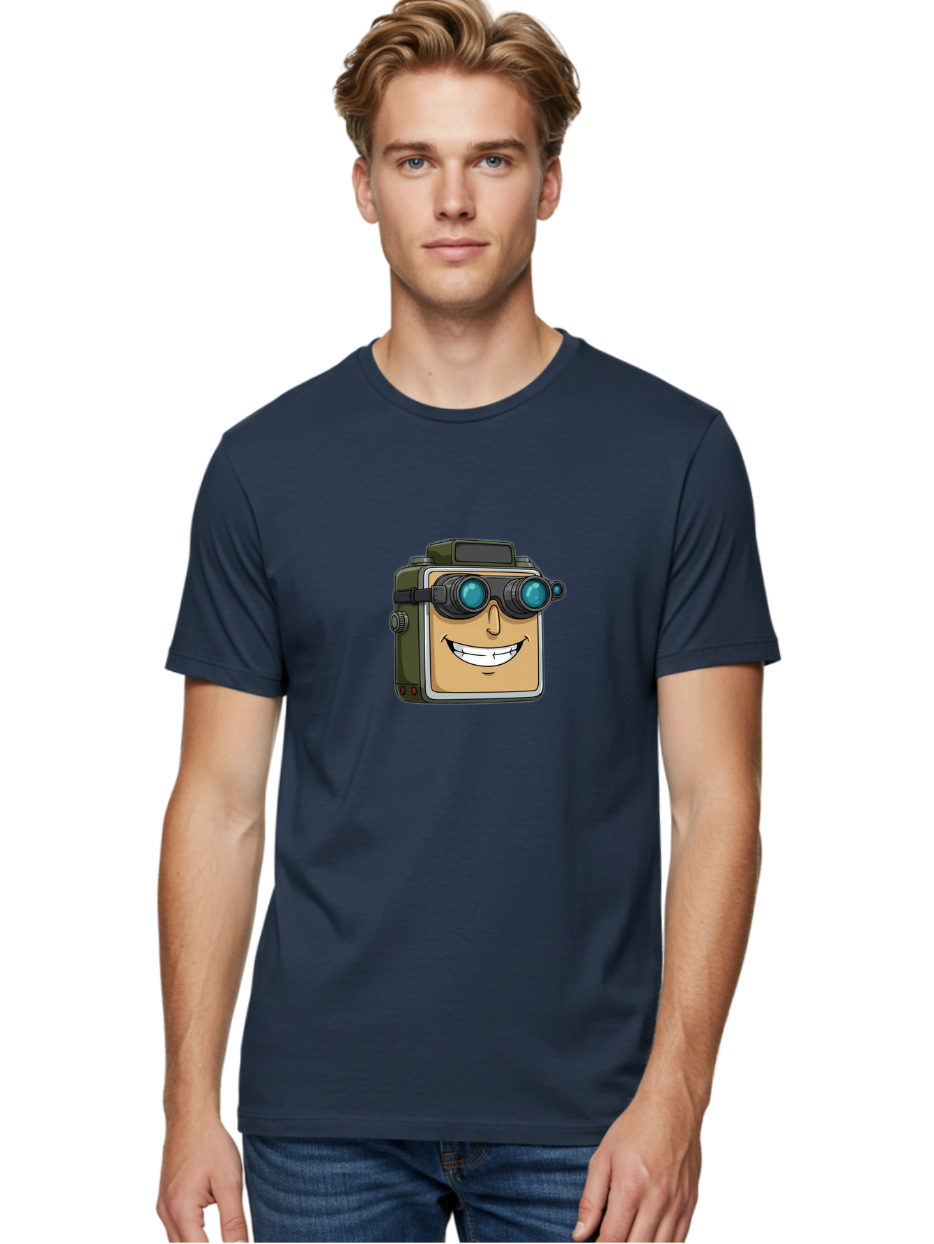 Camera-With-Goggles Men'S Graphic Tee, 100% Cotton, Comfortable Casual Summer Wear, Machine Washable, Cartoon Camera, Smiling Camera, Goggles On Camera, Futuristic Technology, Camera Character, Playful Illustration, Tech Gadget, Bae377