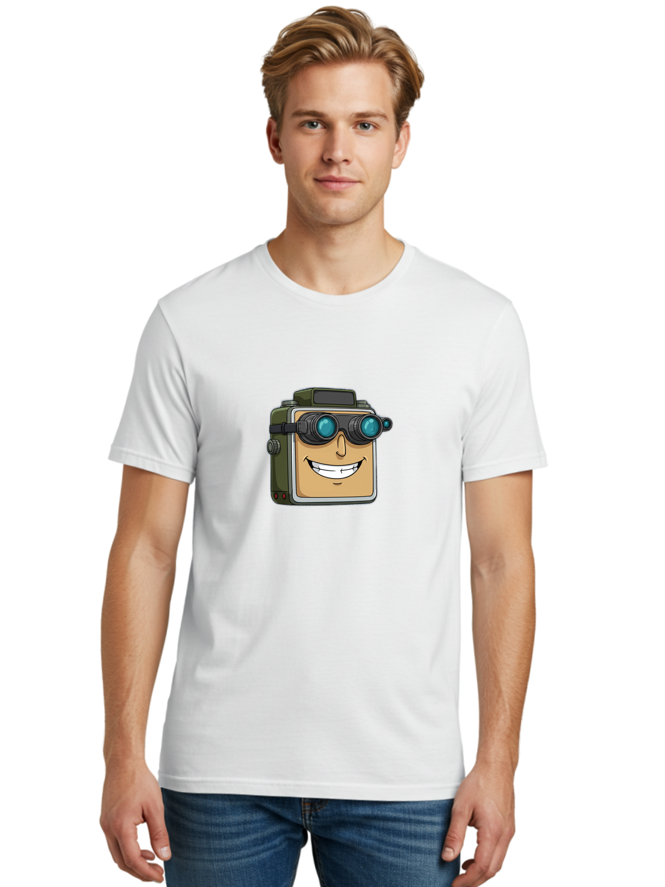 Camera-With-Goggles Men'S Graphic Tee, 100% Cotton, Comfortable Casual Summer Wear, Machine Washable, Cartoon Camera, Smiling Camera, Goggles On Camera, Futuristic Technology, Camera Character, Playful Illustration, Tech Gadget, Bae377