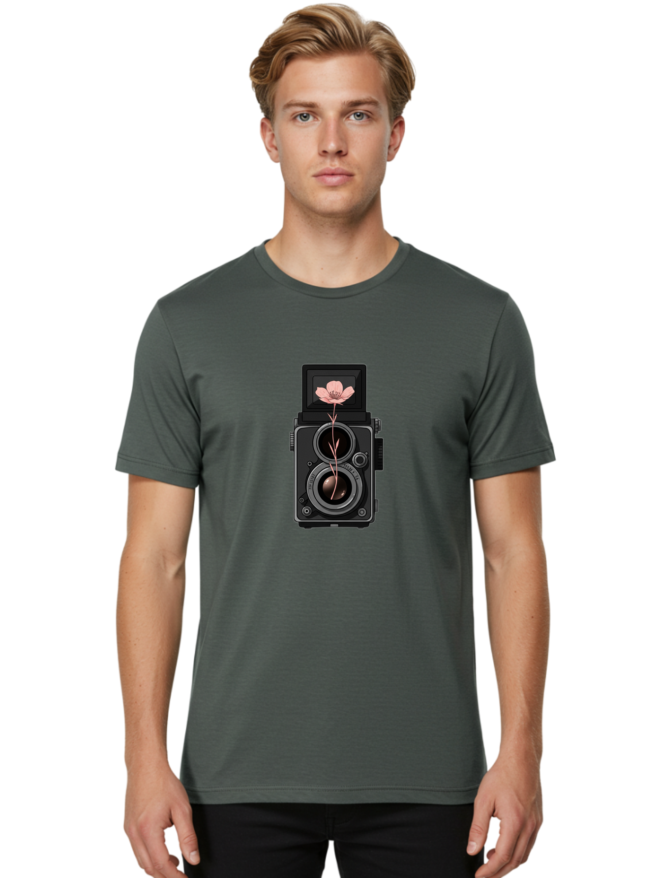 Camera-With-Pink-Flower Men'S Graphic Tee, 100% Cotton, Comfortable Casual Summer Wear, Machine Washable, Vintage Camera, Photography Equipment, Pink Flower, Hasselblad, Twin Lens Reflex, Classic Design, Photography Art, Floral Theme, Bae378