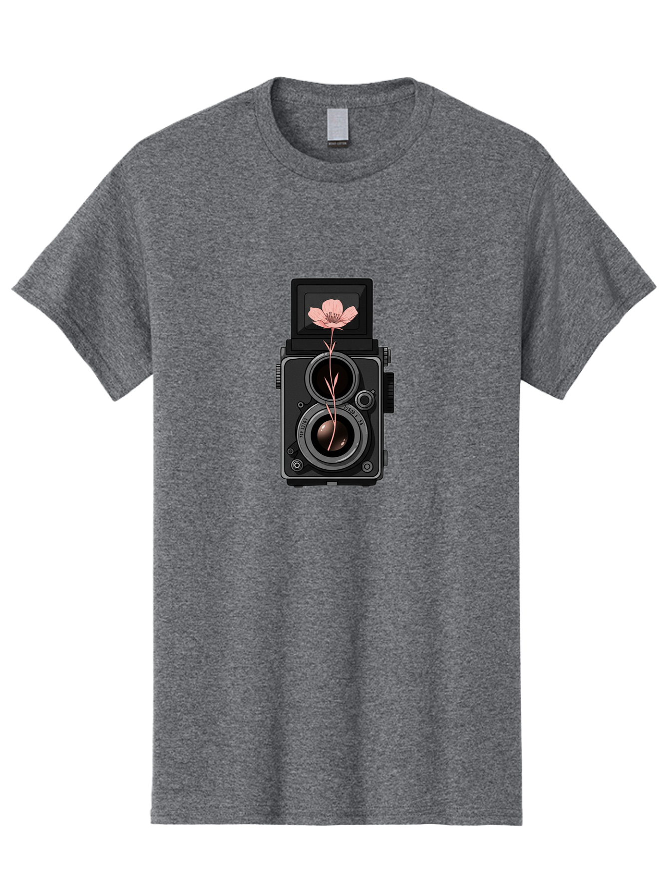 Camera-With-Pink-Flower Men'S Graphic Tee, 100% Cotton, Comfortable Casual Summer Wear, Machine Washable, Vintage Camera, Photography Equipment, Pink Flower, Hasselblad, Twin Lens Reflex, Classic Design, Photography Art, Floral Theme, Bae378