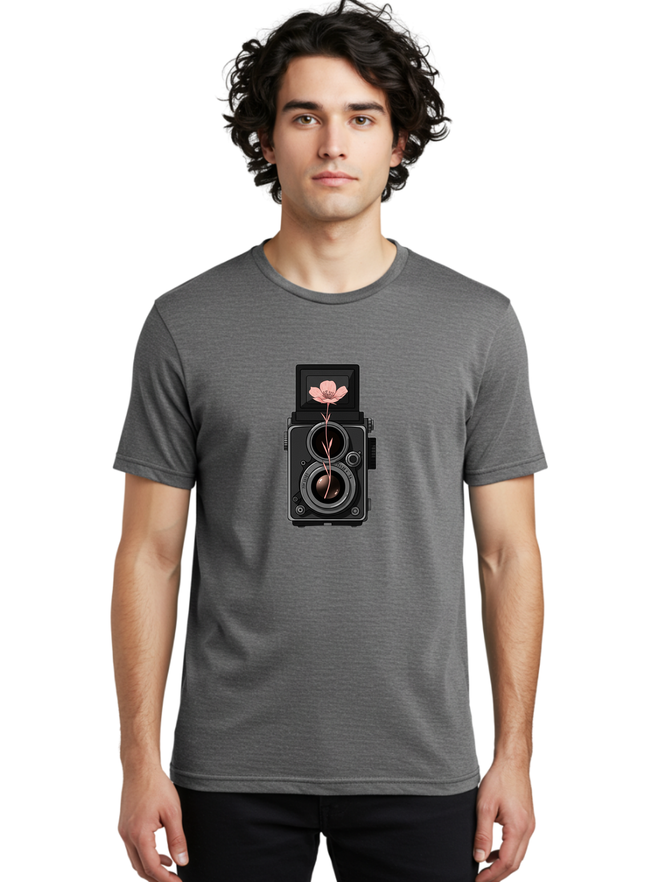 Camera-With-Pink-Flower Men'S Graphic Tee, 100% Cotton, Comfortable Casual Summer Wear, Machine Washable, Vintage Camera, Photography Equipment, Pink Flower, Hasselblad, Twin Lens Reflex, Classic Design, Photography Art, Floral Theme, Bae378