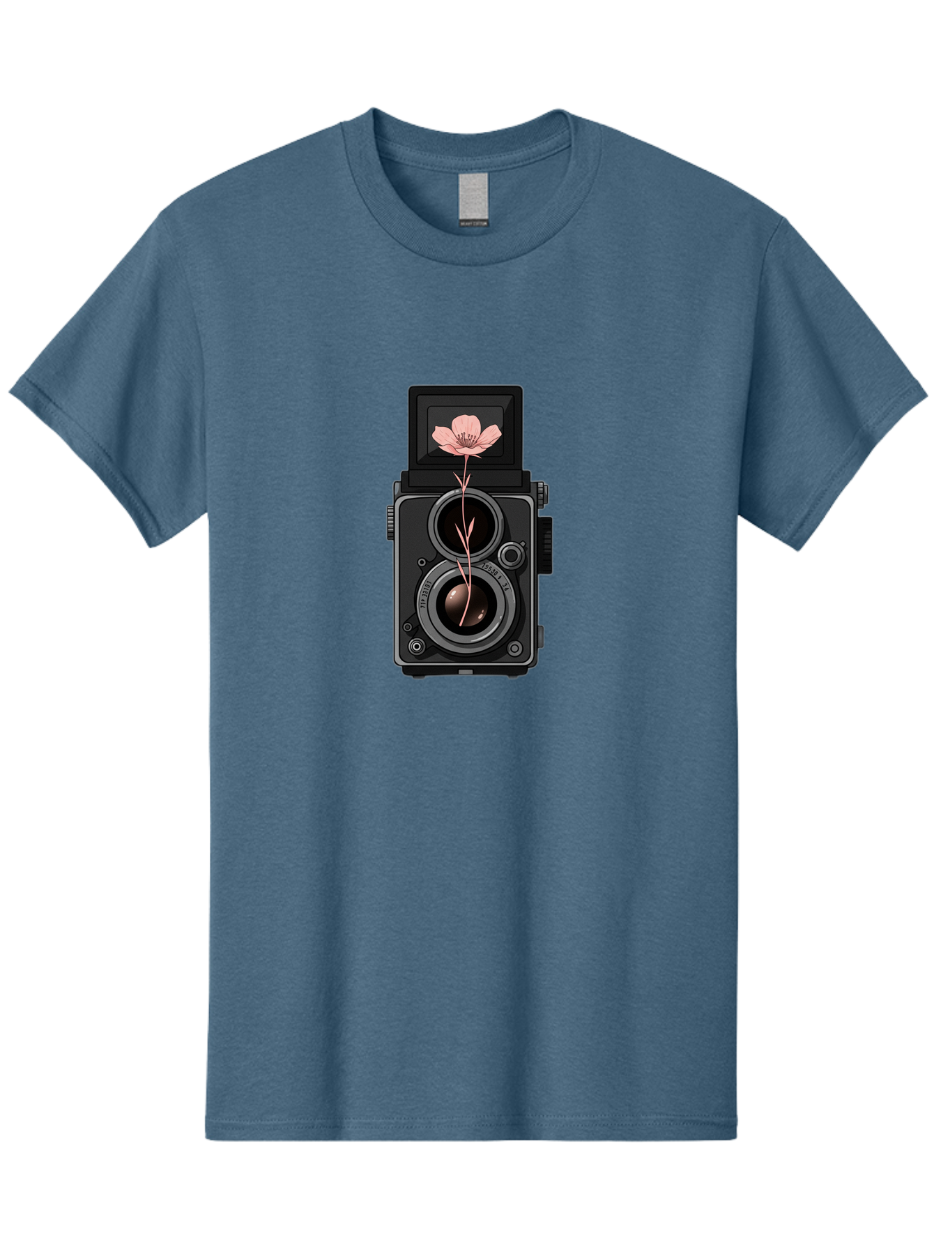 Camera-With-Pink-Flower Men'S Graphic Tee, 100% Cotton, Comfortable Casual Summer Wear, Machine Washable, Vintage Camera, Photography Equipment, Pink Flower, Hasselblad, Twin Lens Reflex, Classic Design, Photography Art, Floral Theme, Bae378
