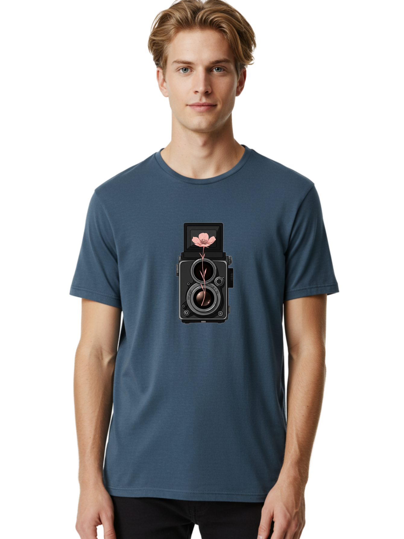 Camera-With-Pink-Flower Men'S Graphic Tee, 100% Cotton, Comfortable Casual Summer Wear, Machine Washable, Vintage Camera, Photography Equipment, Pink Flower, Hasselblad, Twin Lens Reflex, Classic Design, Photography Art, Floral Theme, Bae378