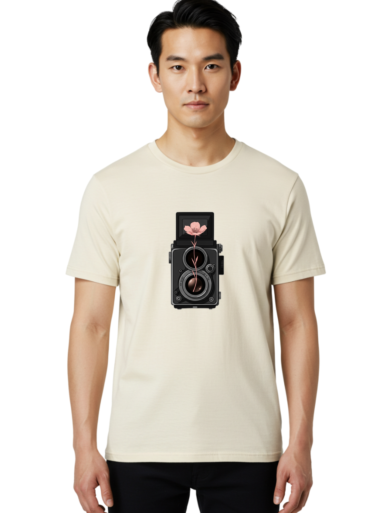 Camera-With-Pink-Flower Men'S Graphic Tee, 100% Cotton, Comfortable Casual Summer Wear, Machine Washable, Vintage Camera, Photography Equipment, Pink Flower, Hasselblad, Twin Lens Reflex, Classic Design, Photography Art, Floral Theme, Bae378