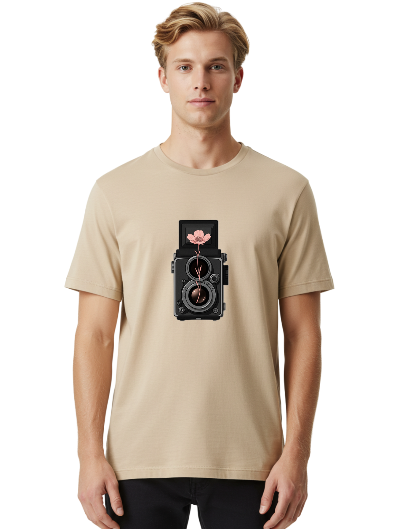 Camera-With-Pink-Flower Men'S Graphic Tee, 100% Cotton, Comfortable Casual Summer Wear, Machine Washable, Vintage Camera, Photography Equipment, Pink Flower, Hasselblad, Twin Lens Reflex, Classic Design, Photography Art, Floral Theme, Bae378