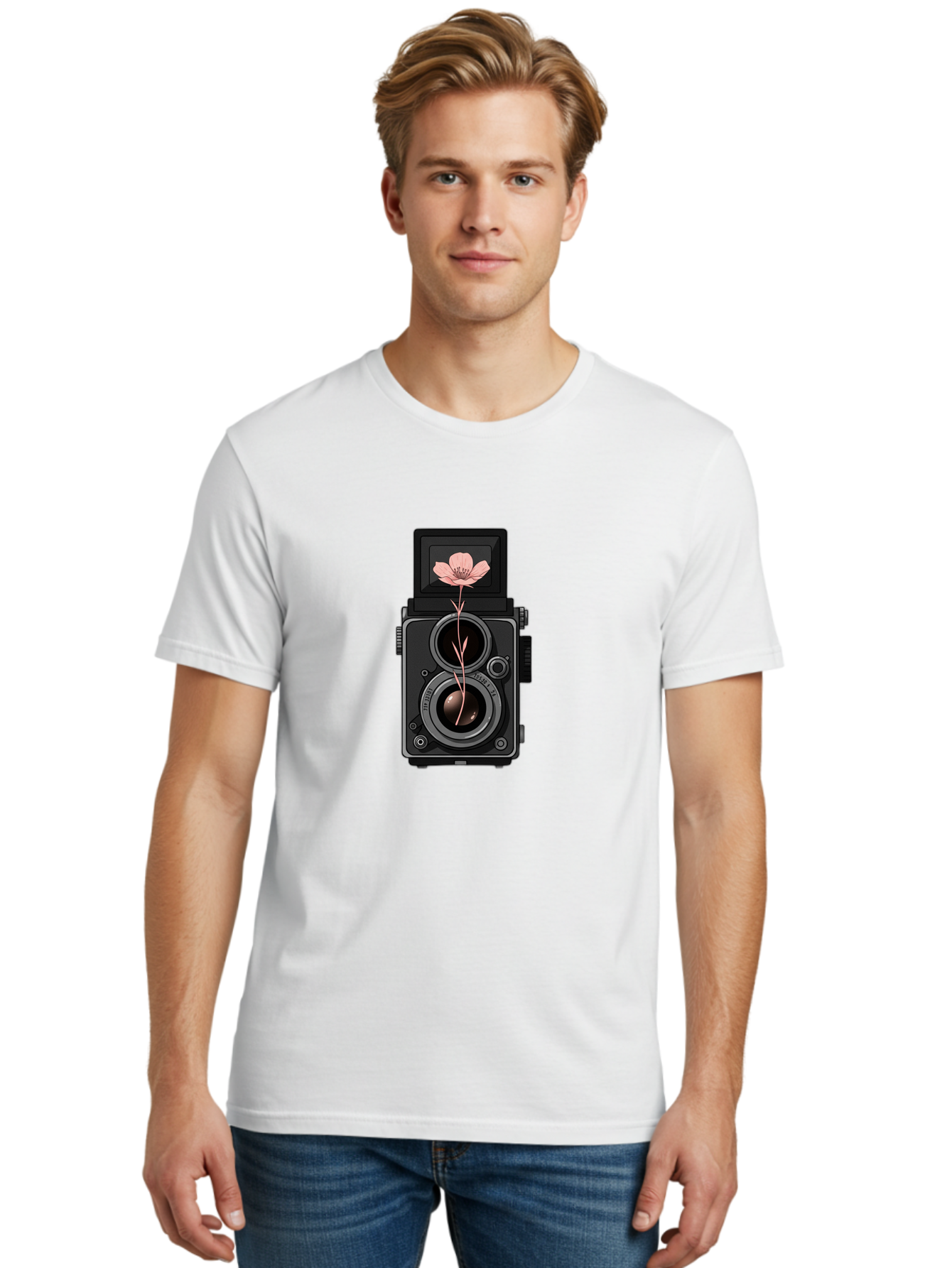 Camera-With-Pink-Flower Men'S Graphic Tee, 100% Cotton, Comfortable Casual Summer Wear, Machine Washable, Vintage Camera, Photography Equipment, Pink Flower, Hasselblad, Twin Lens Reflex, Classic Design, Photography Art, Floral Theme, Bae378