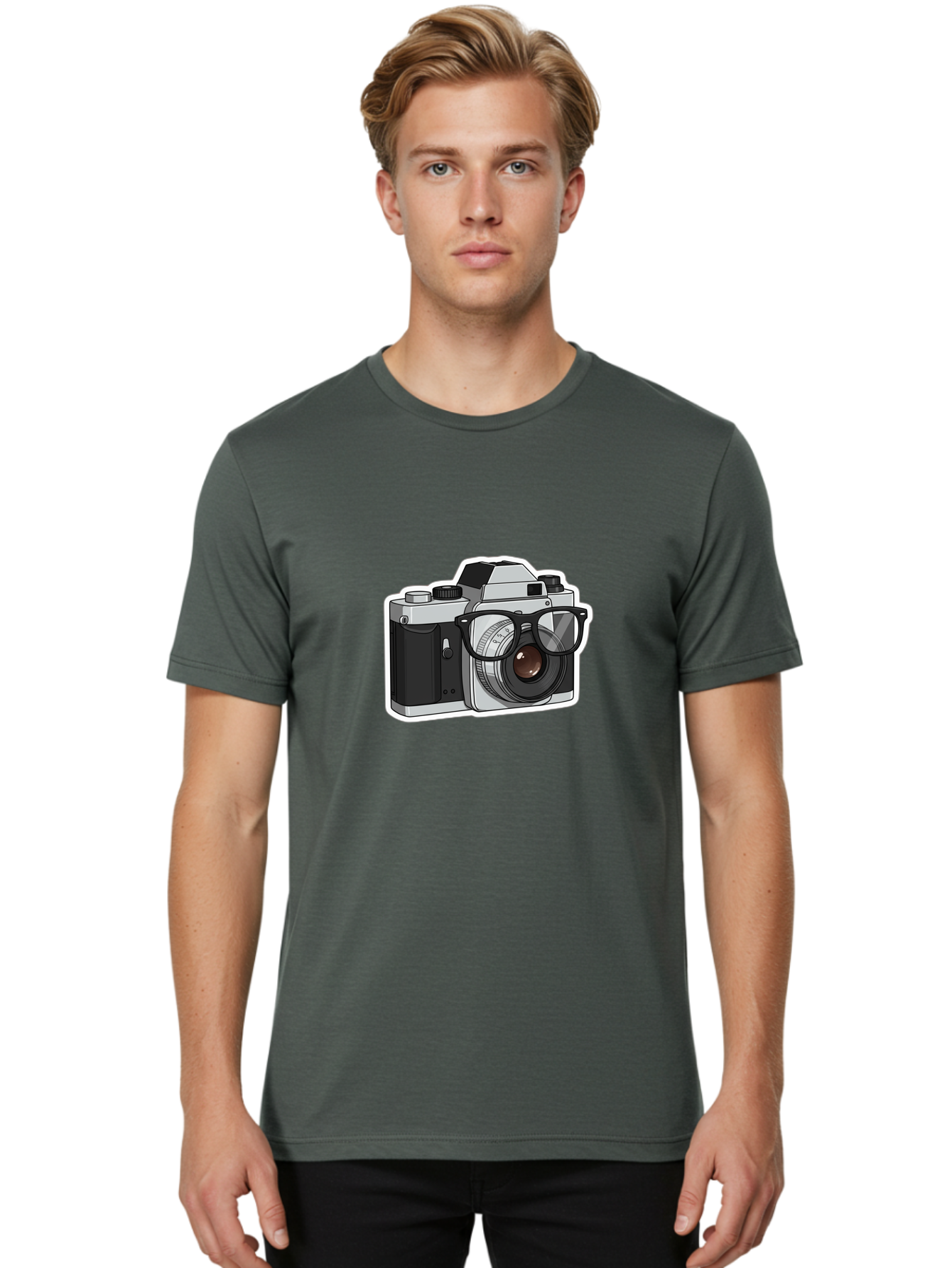 Camera-With-Shades Men'S Graphic Tee, 100% Cotton, Comfortable Casual Summer Wear, Machine Washable, Camera Wearing Sunglasses, Photography Gear, Stylish Accessory, Cool Camera, Funky Design, Creative Twist, Photography Equipment Bae379