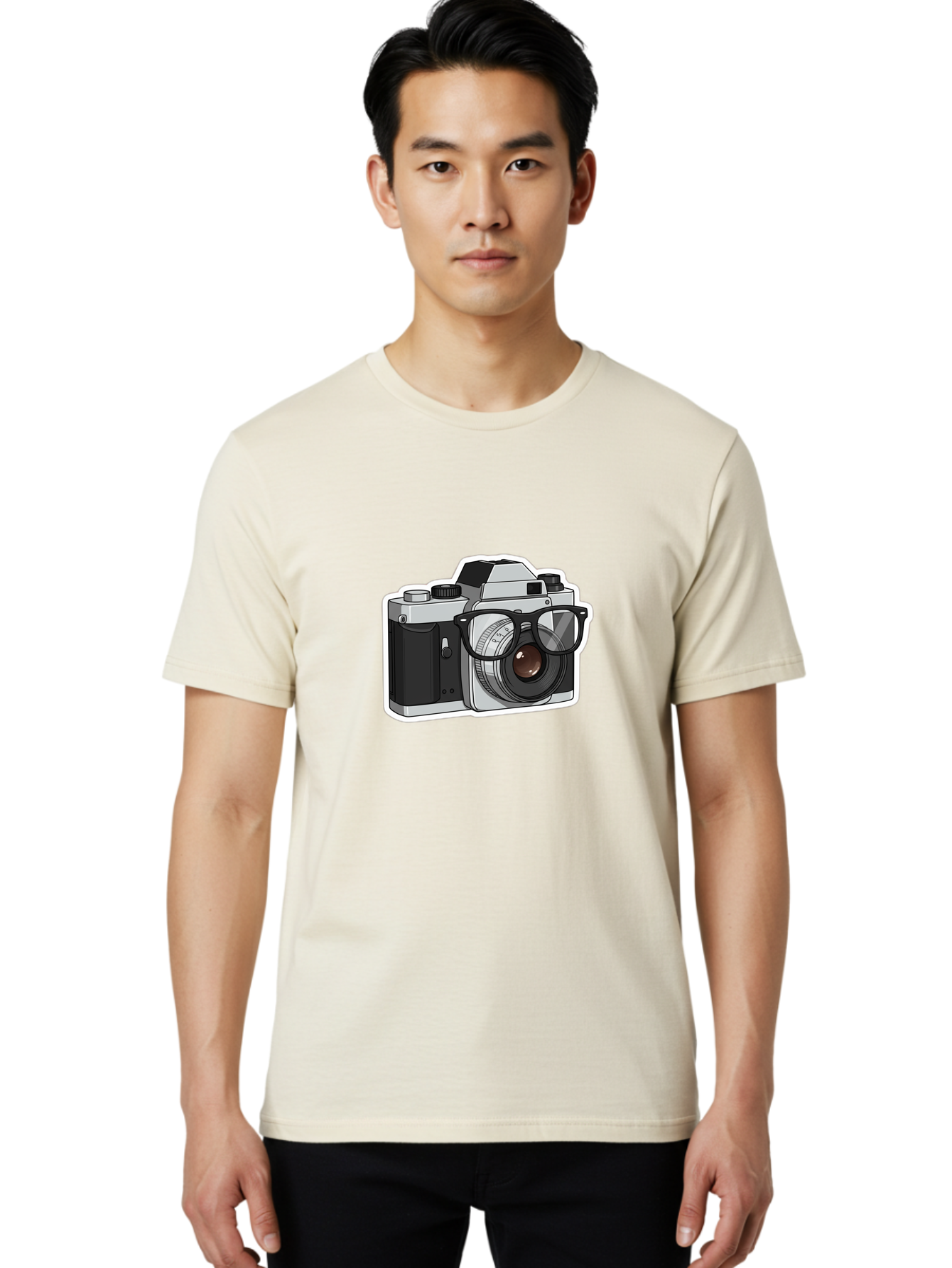 Camera-With-Shades Men'S Graphic Tee, 100% Cotton, Comfortable Casual Summer Wear, Machine Washable, Camera Wearing Sunglasses, Photography Gear, Stylish Accessory, Cool Camera, Funky Design, Creative Twist, Photography Equipment Bae379