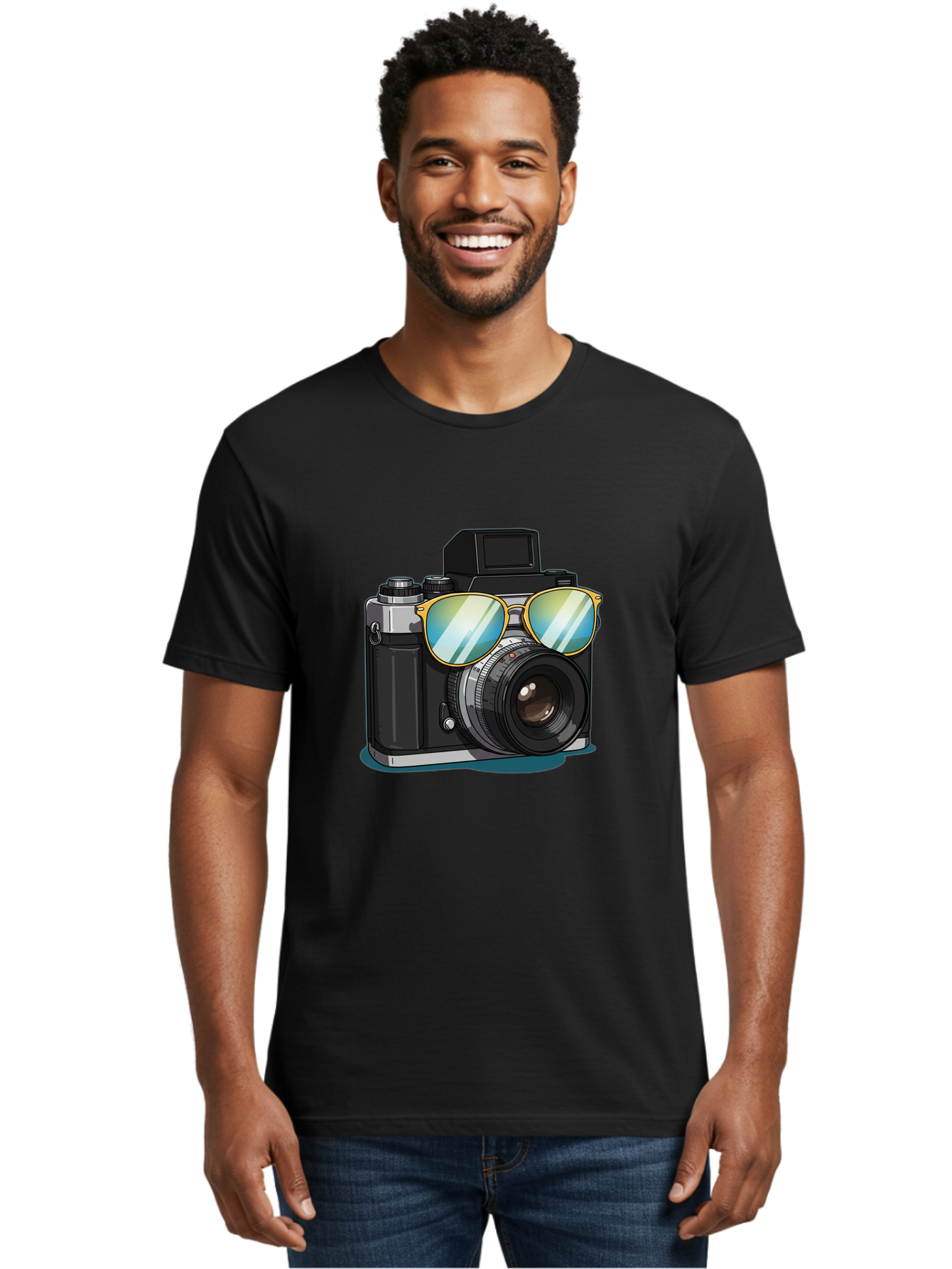 Camera-With-Sunglasses-1 Men'S Graphic Tee, 100% Cotton, Comfortable Casual Summer Wear, Machine Washable, Vintage Camera, Camera With Sunglasses, Cool Camera, Retro Photography, Stylish Accessories, Fashion Photography, Photography Equipment, Bae380