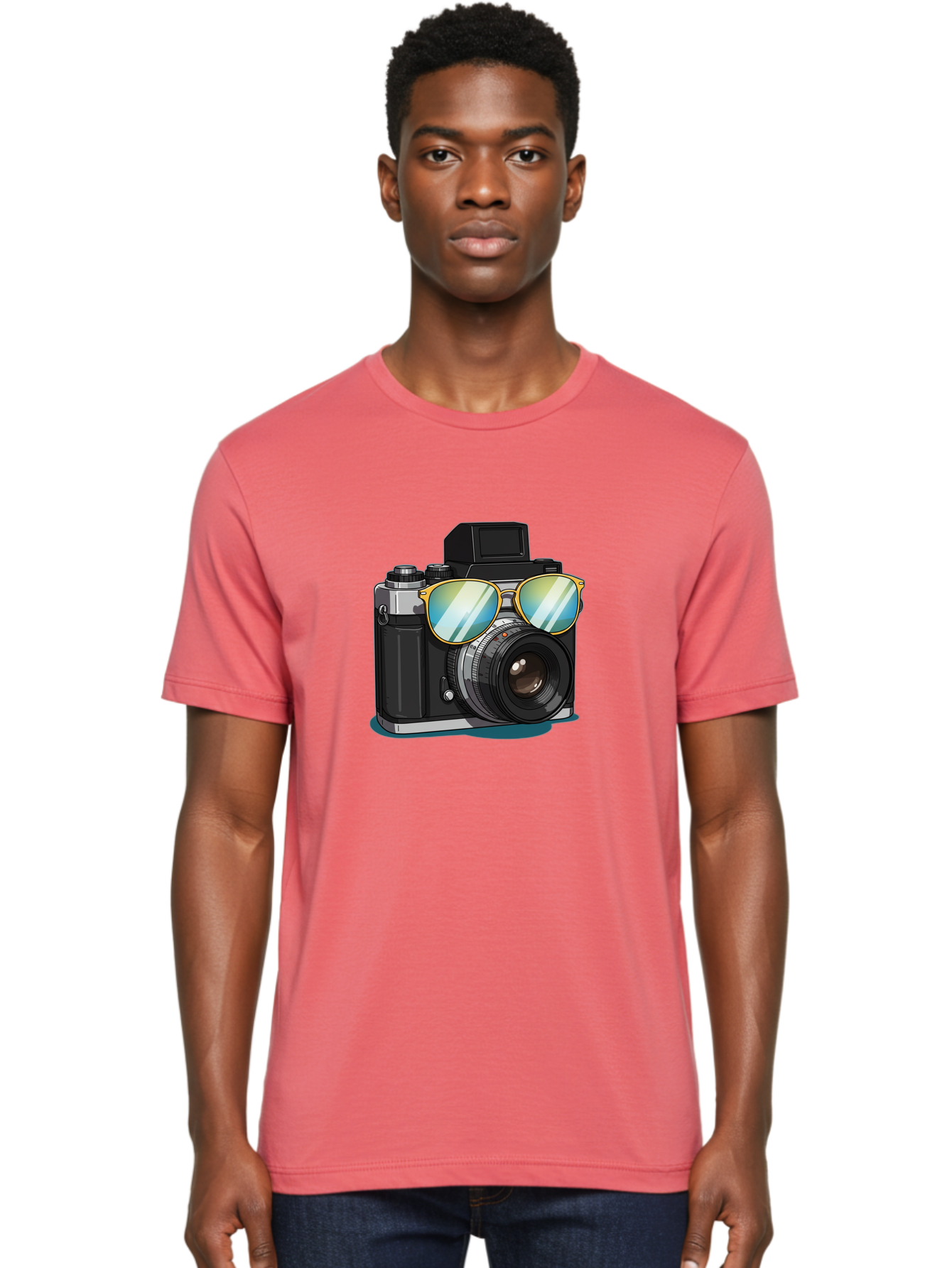 Camera-With-Sunglasses-1 Men'S Graphic Tee, 100% Cotton, Comfortable Casual Summer Wear, Machine Washable, Vintage Camera, Camera With Sunglasses, Cool Camera, Retro Photography, Stylish Accessories, Fashion Photography, Photography Equipment, Bae380